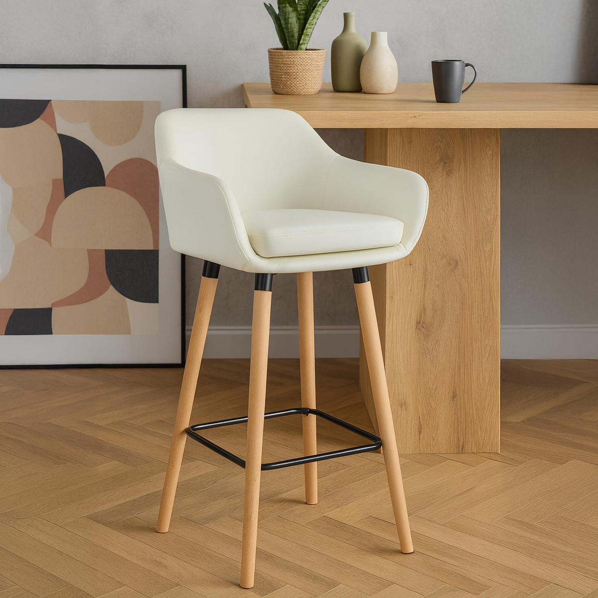 BARHOCKER Grant Massivholz 99x55x46 cm creme - Creme, Leder (55/99/46cm) - furnicato