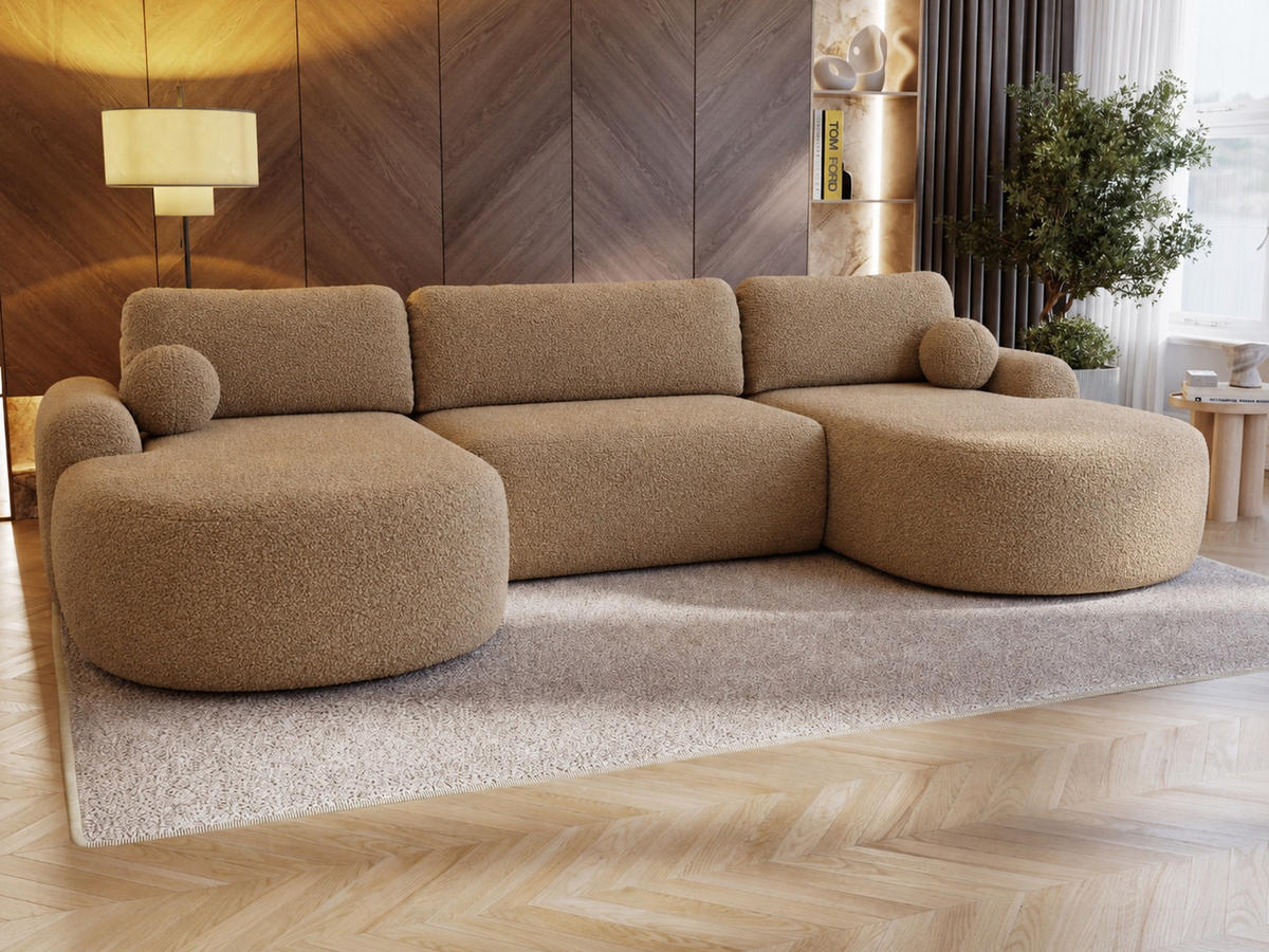 ECKSOFA Aurio U Bouclé-Stoff Hellbraun - Hellbraun/Schwarz, Kunststoff/Textil (347/177cm) - Graingold