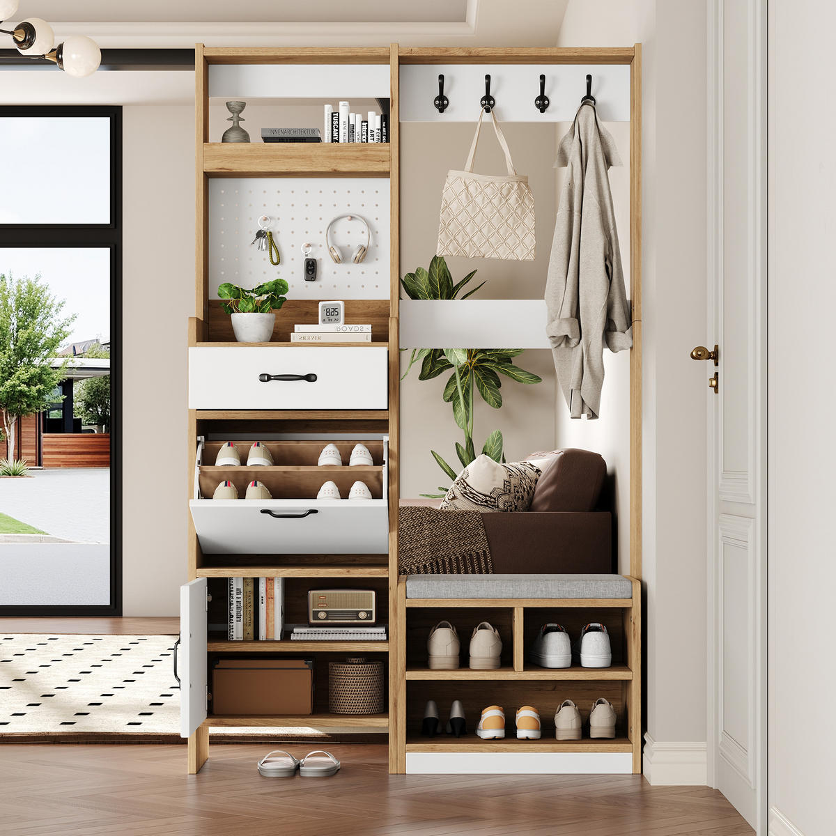 GARDEROBE Schuhschrank Sitzbank Haken Eiche Weiß Modern - Multicolor, Holzwerkstoff (108.5/180/35cm) - FLIEKS