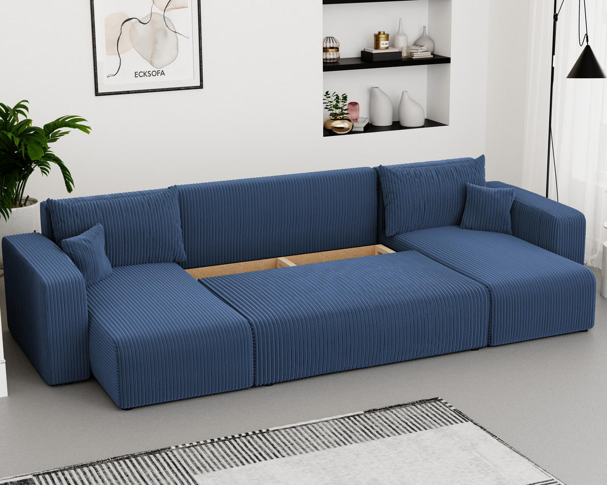 WOHNLANDSCHAFT mit Schlaffunktion und Bettkasten, Blau - Blau/Schwarz, Kunststoff/Textil (318/79/145cm) - Idohome