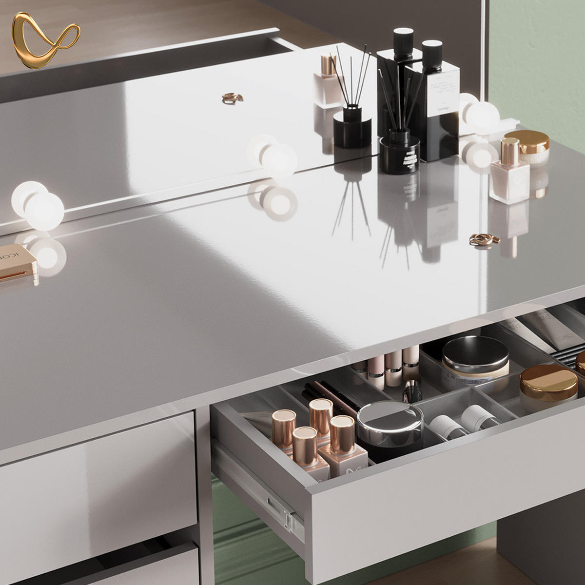 SCHMINKTISCH-SET Imola Grau 120 cm mit Hocker - Grau, Holzwerkstoff (120/75/55cm) - Livinity®