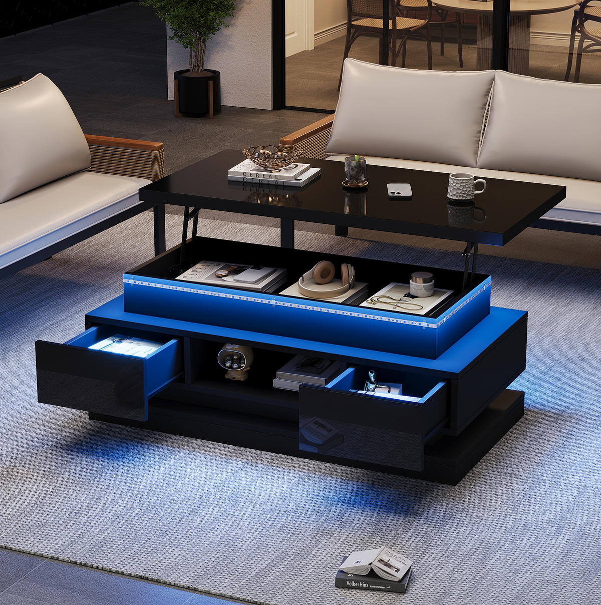 COUCHTISCH 100/50/40 cm aus Spanplatte, höhenverstellbar mit LED, USB-Anschluss und 2 Schubladen, Schwarz - Schwarz, Holzwerkstoff (100/50/40cm) - Modfu