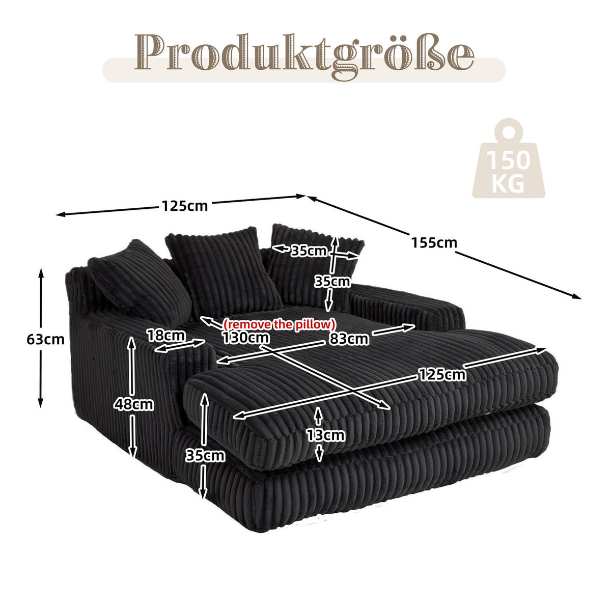 SOFA Chaiselongue 125 x 155 cm Cord Black inkl. 3 Kissen - Schwarz, Textil (155/63/125cm) - Meubliv