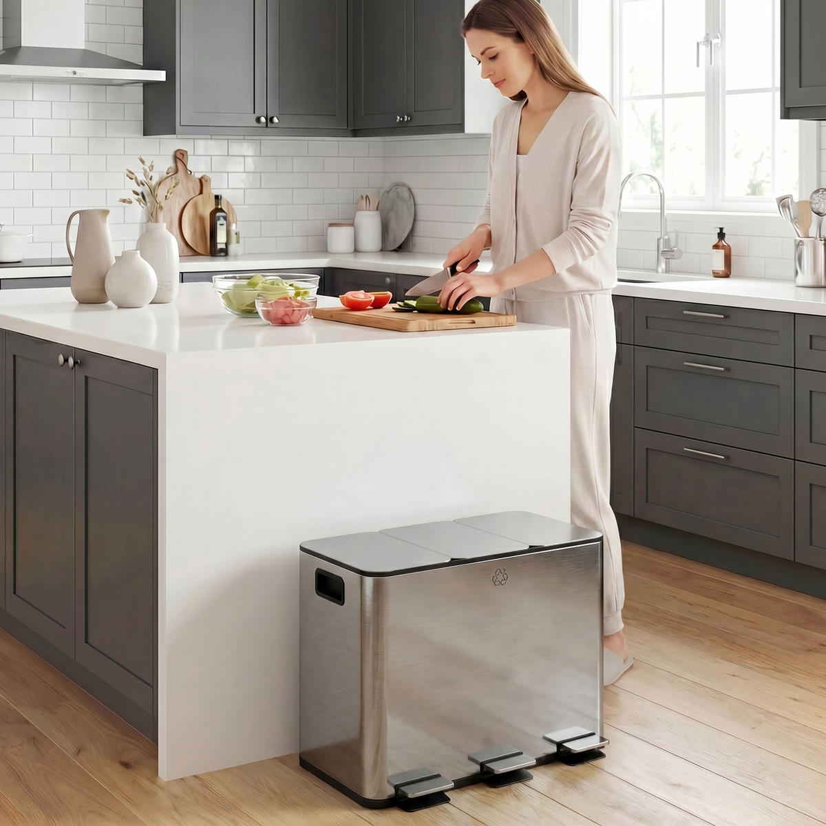 MÜLLEIMER 3 Fach 60L Edelstahl Treteimer Soft Close Silber 61,9/36,6/56,7 cm - Silberfarben, Metall (36.6/56.7/61.9cm) - Rolipo