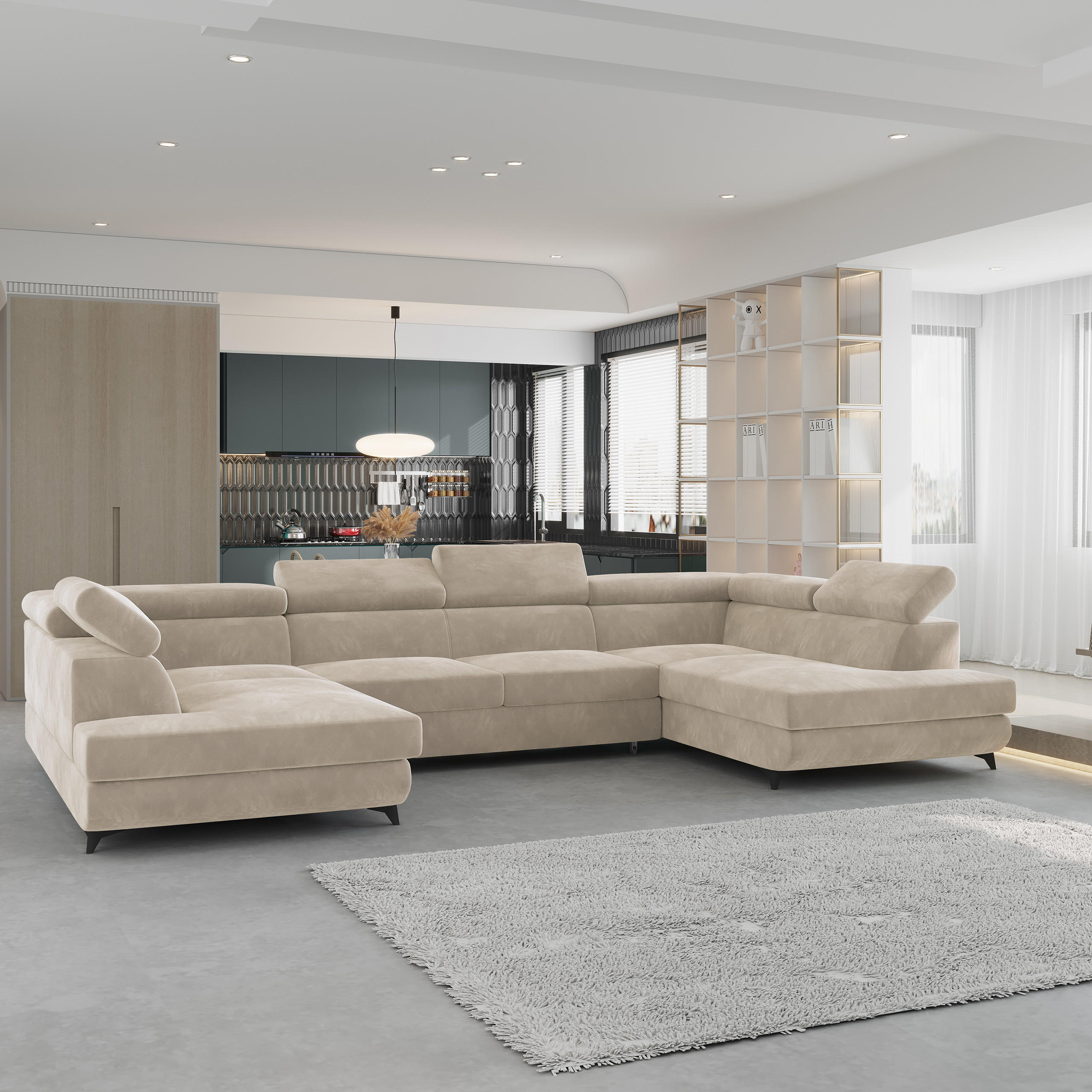 WOHNLANDSCHAFT VINTESSA Creme Velours-Stoff mit Schlaffunktion - Creme, Holz (323/89/190cm) - MASSENO