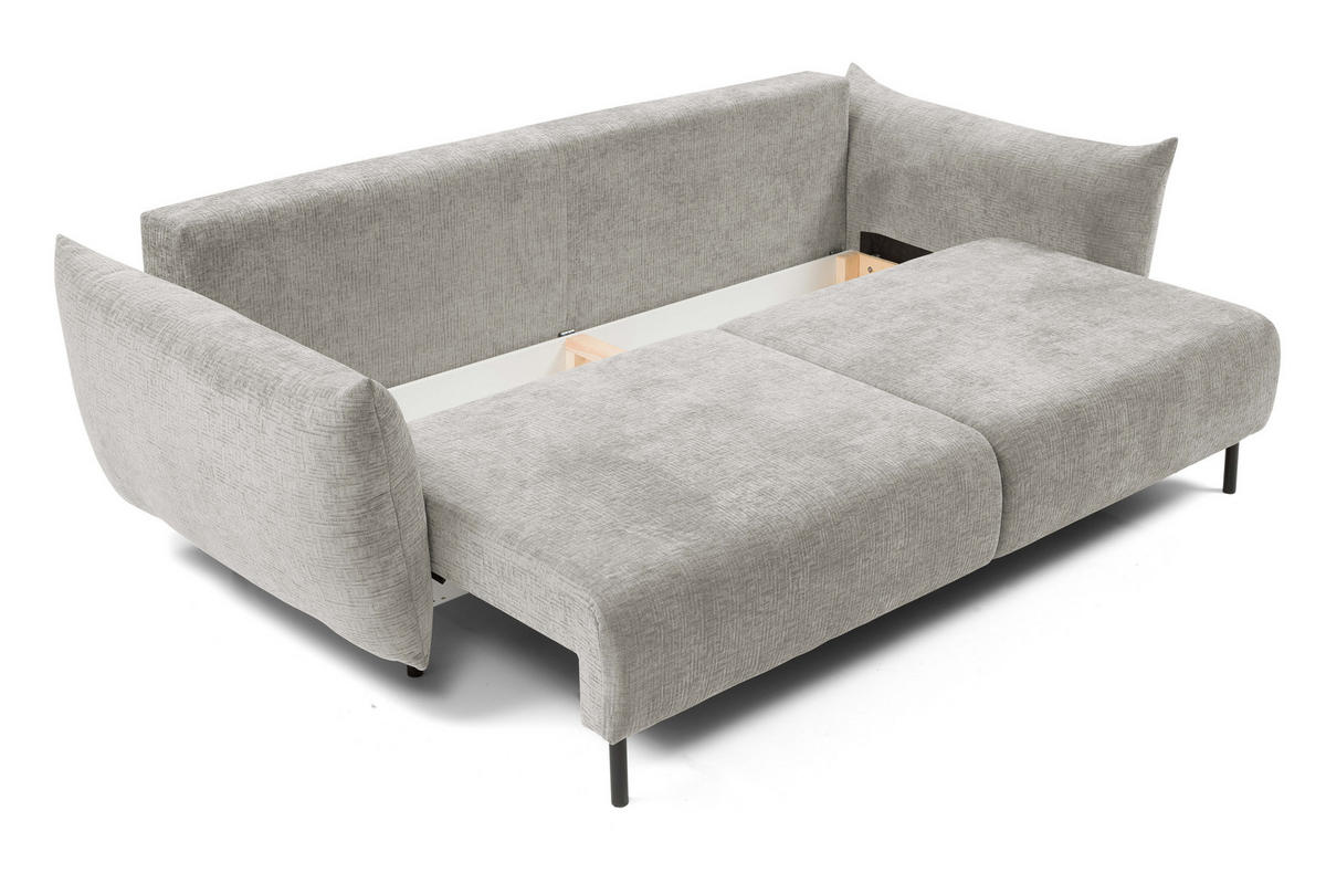 SOFA ADEL - Schlaffunktion Und Bettkasten, Wellenfederung, PUR-Schaum, Schwarze Metallfüße lose Rückenkissen, freistehend, 240x108x75 cm Silver - Silberfarben, Holz/Textil (240/75/108cm) - DomoHome