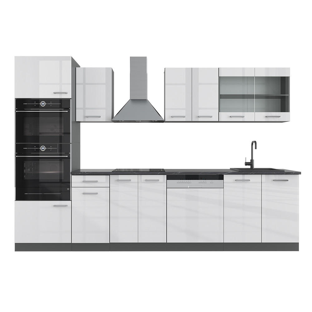 KÜCHENZEILE R-Line Weiß Hochglanz/Anthrazit 300 cm mit Hochschrank ohne AP - Weiß Hochglanz/Anthrazit, Holzwerkstoff (300/81.6/46cm) - Vicco