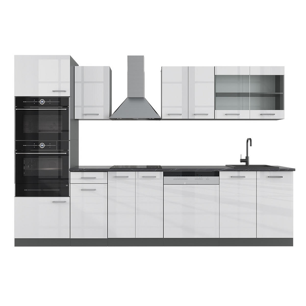 KÜCHENZEILE R-Line Weiß Hochglanz/Anthrazit 300 cm mit Hochschrank ohne AP - Weiß Hochglanz/Anthrazit, Holzwerkstoff (300/81.6/46cm) - Vicco