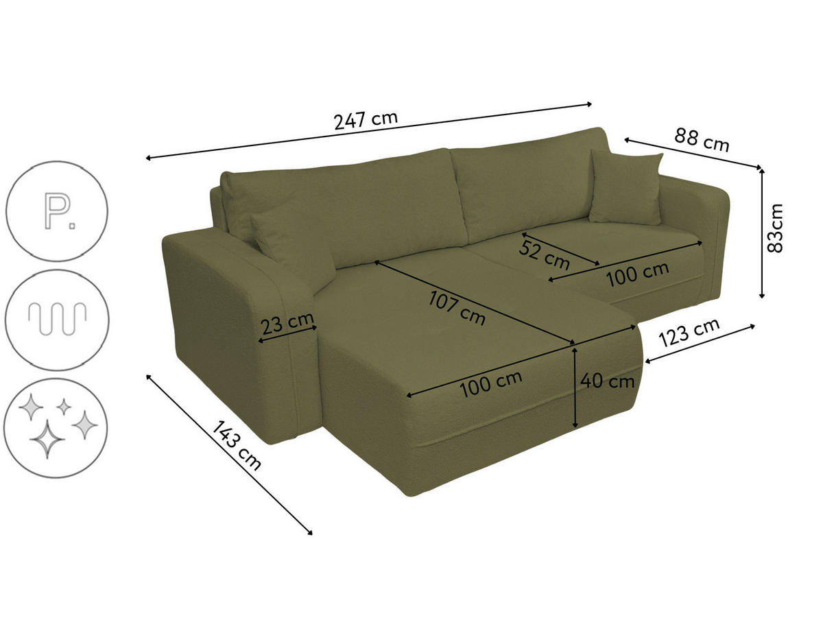 ECKSOFA Oreo L-Form Mit Bettkasten Und Schlaffunktion Quelle-Stoff Olive Links - Olivgrün, Holz (143/247cm) - Kaiser Möbel