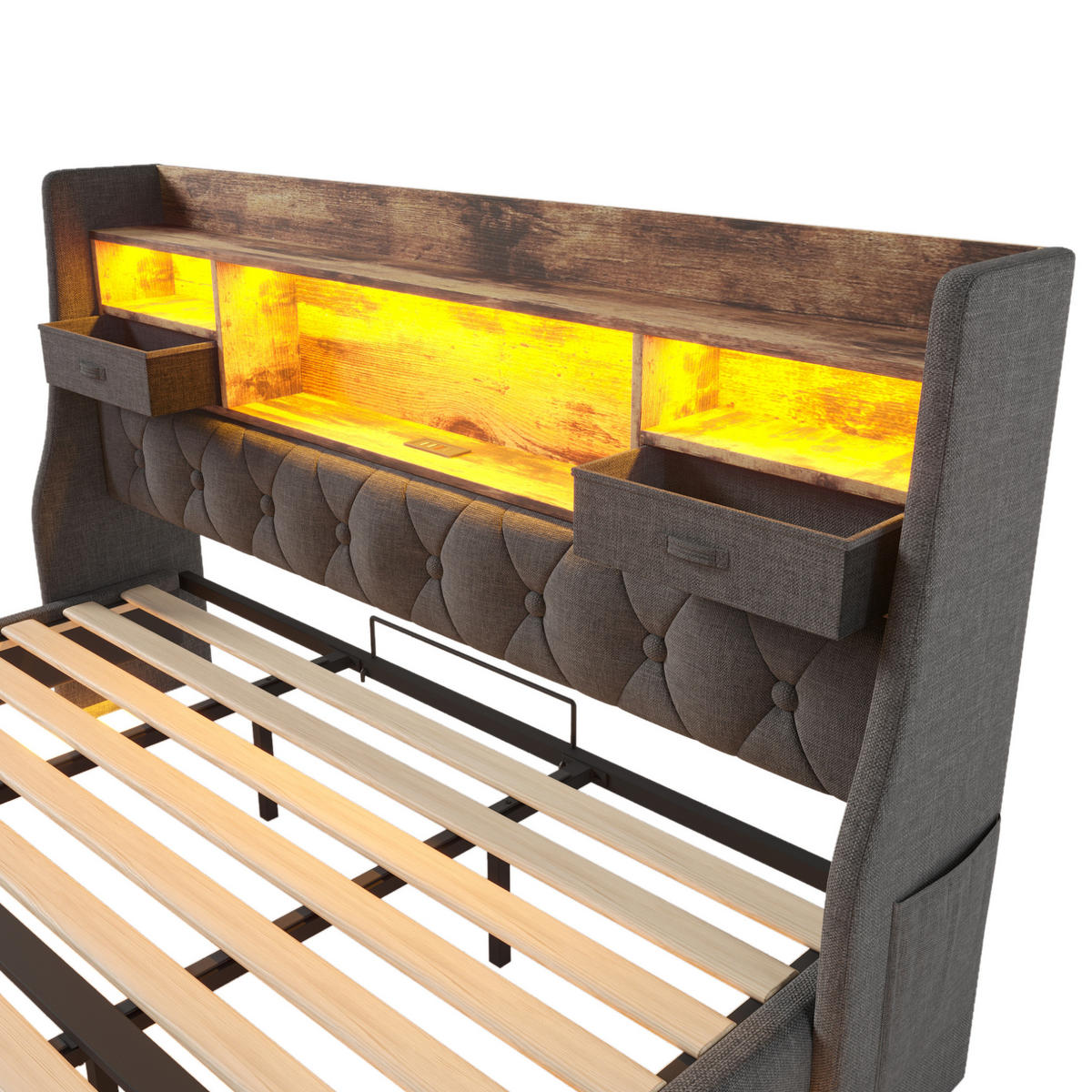 POLSTERBETT 180/200 cm grau aus Leinen mit LED, Ladestation und Stauraum - Grau, Textil (180/200cm) - OKWISH