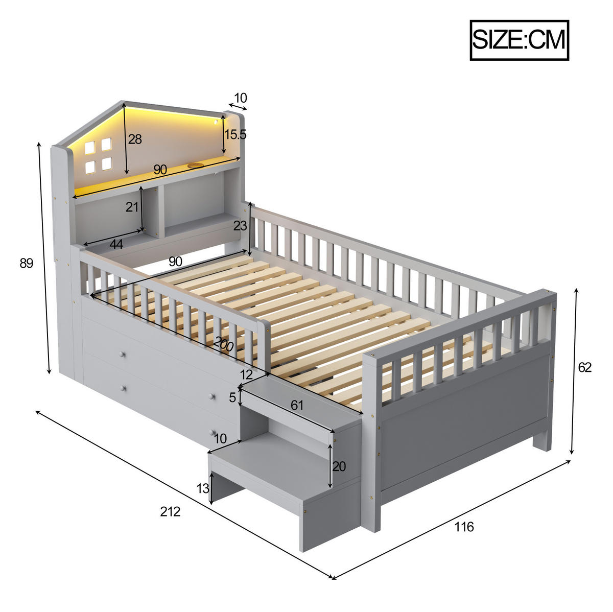 BETT 90/200 cm aus Massivholz mit LED-Leuchten, Schubladen, Treppe, Grau - Grau, Holz (90/200cm) - OKMYHOME