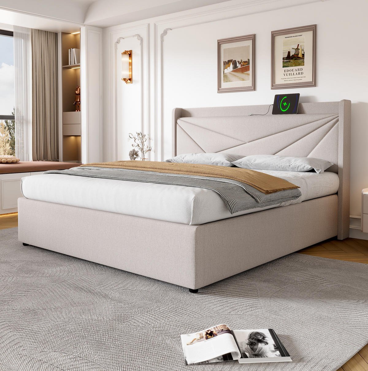 POLSTERBETT 160/200 cm Beige mit Stauraum und USB- und Type-C-Anschlüssen - Beige, Textil (160/200cm) - Flora Grace