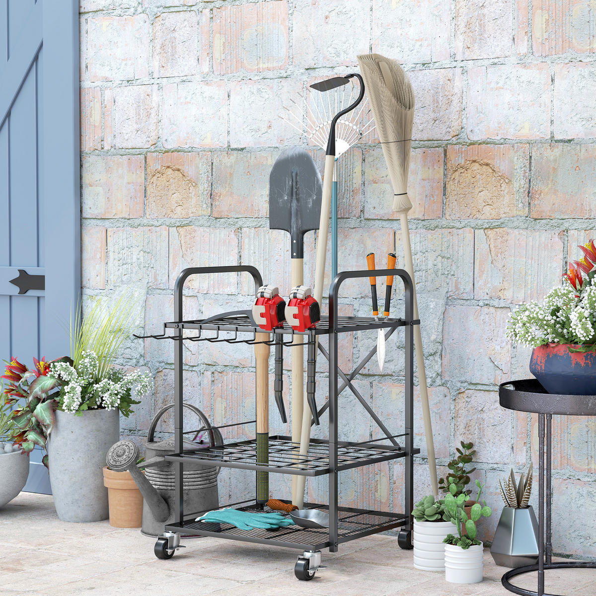GARTENREGAL DE-13808 mit Rollen und 40 Fächern Schwarz - Schwarz, Metall (48/70/57cm) - ComfortXL