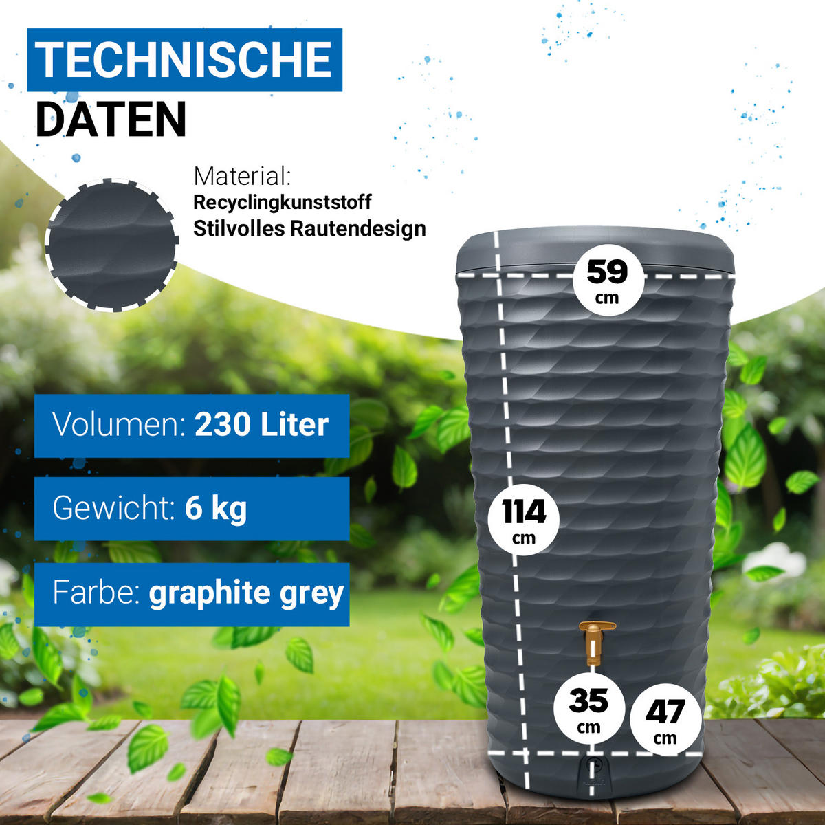 2IN1 Regentonne Komplett-Set 230 L, graphite grey inkl. & Füllautomat - Grau, Kunststoff (59/114/60cm) - 4rain