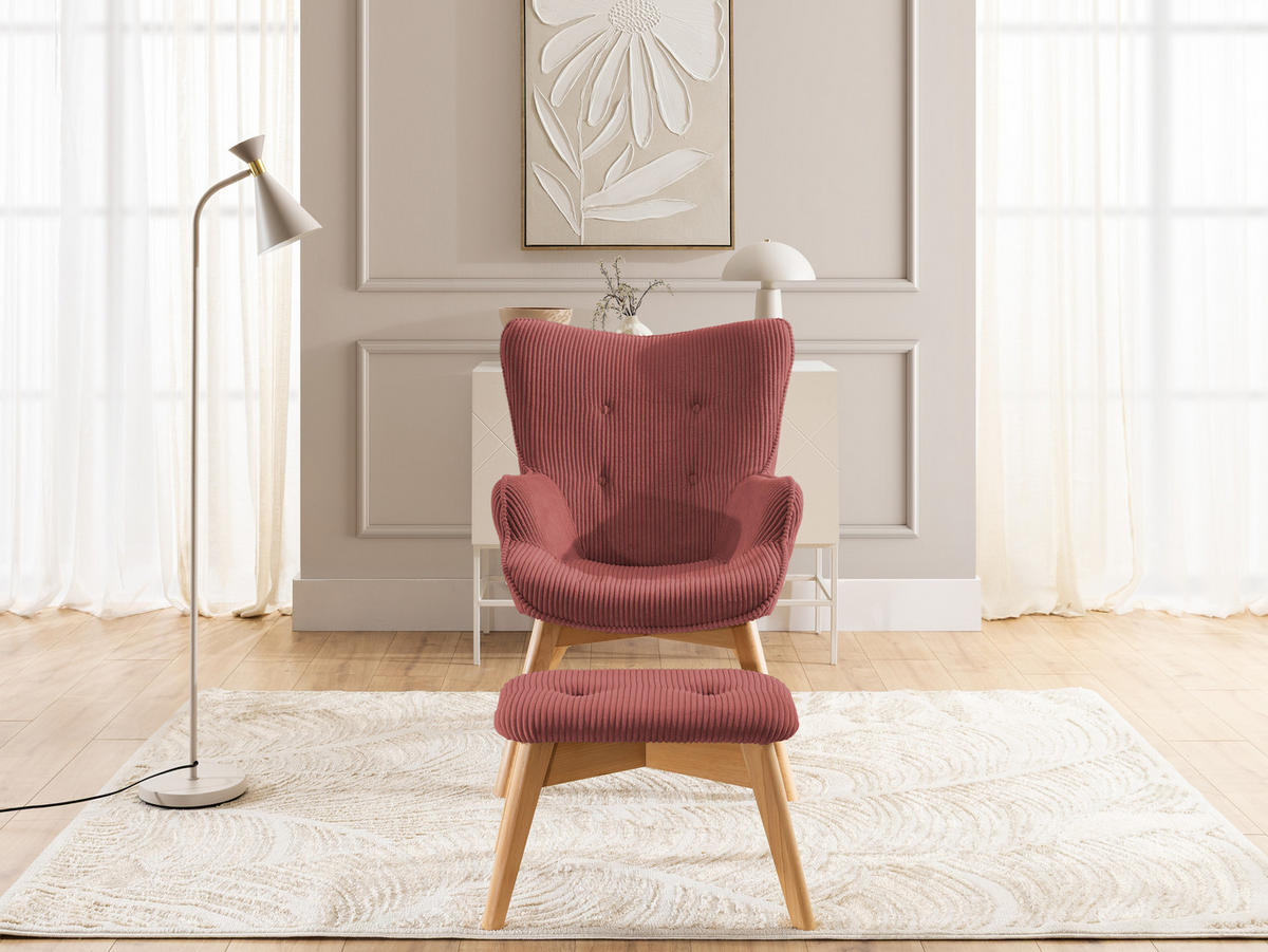 LOUNGESESSEL mit Fußhocker Lenari Terrakotta Cordstoff mit Füßen in Natur - Terra cotta/Naturfarben, Holz/Textil (71/96/86cm) - S-Style Möbel
