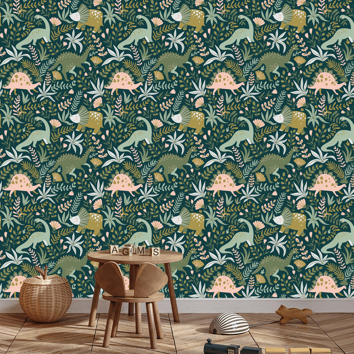 VLIESTAPETE Dinosaurier und Blätter – Grün, Beige, Petrol – 50x1000 cm - Beige/Petrol, Papier (50/1000cm) - Muralo