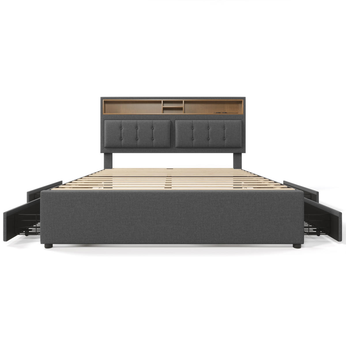 POLSTERBETT 160/200 cm grau mit höhenverstellbarem Kopfteil und 4 Schubladen - Grau, Textil (160/200cm) - OKWISH