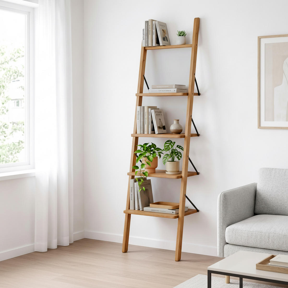 LEITERREGAL Natur Walnussholz geölt 4 Ablagen 180 cm - Hellbraun, Holz (44/180/35cm) - Relaxdays