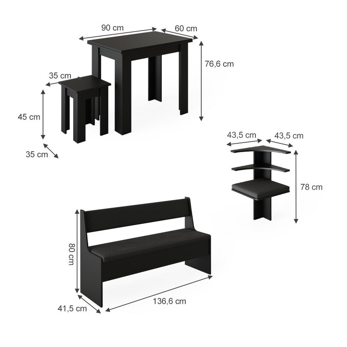 ECKBANKGRUPPE Roman Schwarz 180 x 41.5 cm mit Tisch - Schwarz/Grau, Holzwerkstoff (180/80/180cm) - Vicco