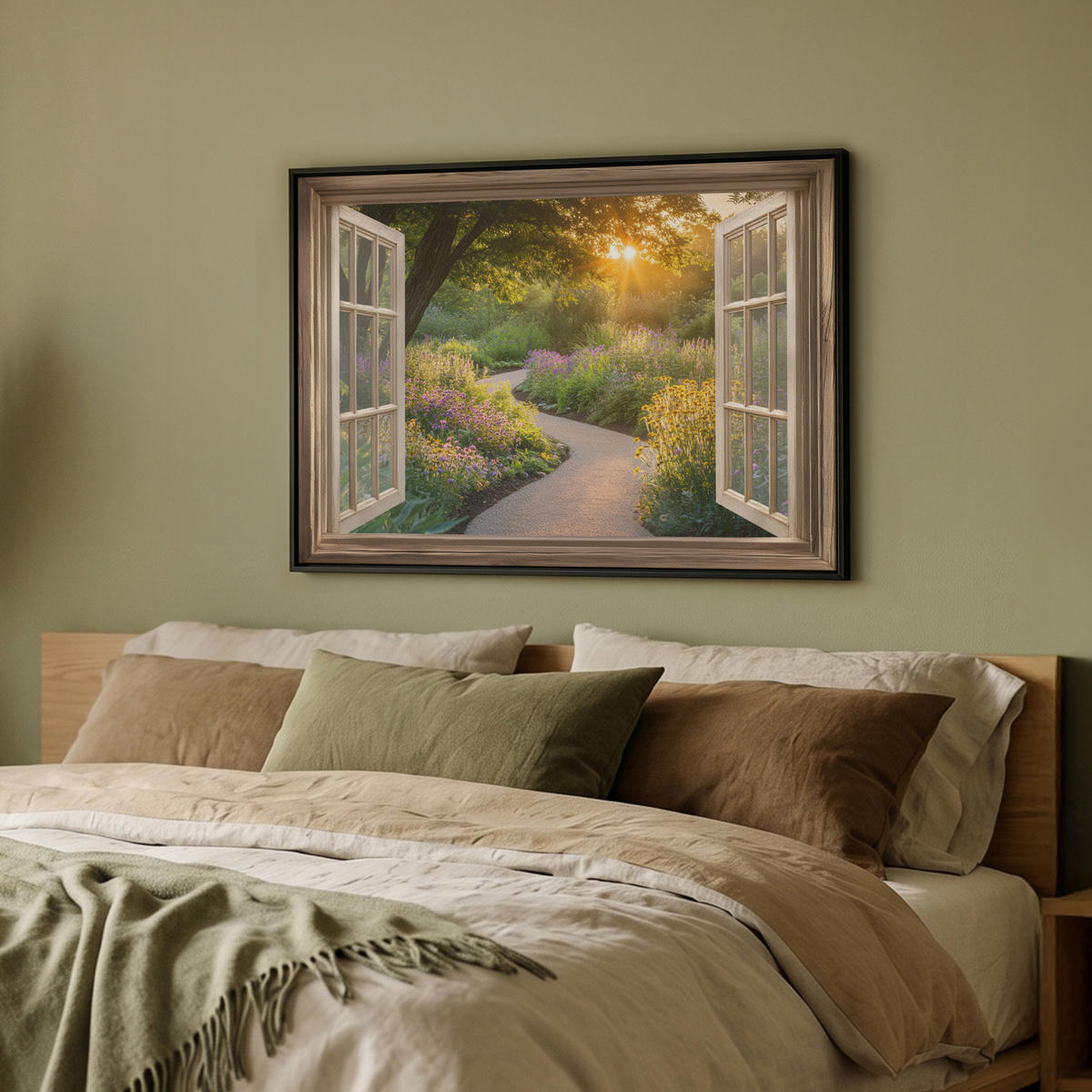LEINWAND Bilder mit Rahmen - Aussicht - Blumen - Natur - Sonne - Weg - 70x50 - Hellgelb, Textil (70/50cm) - MuchoWow