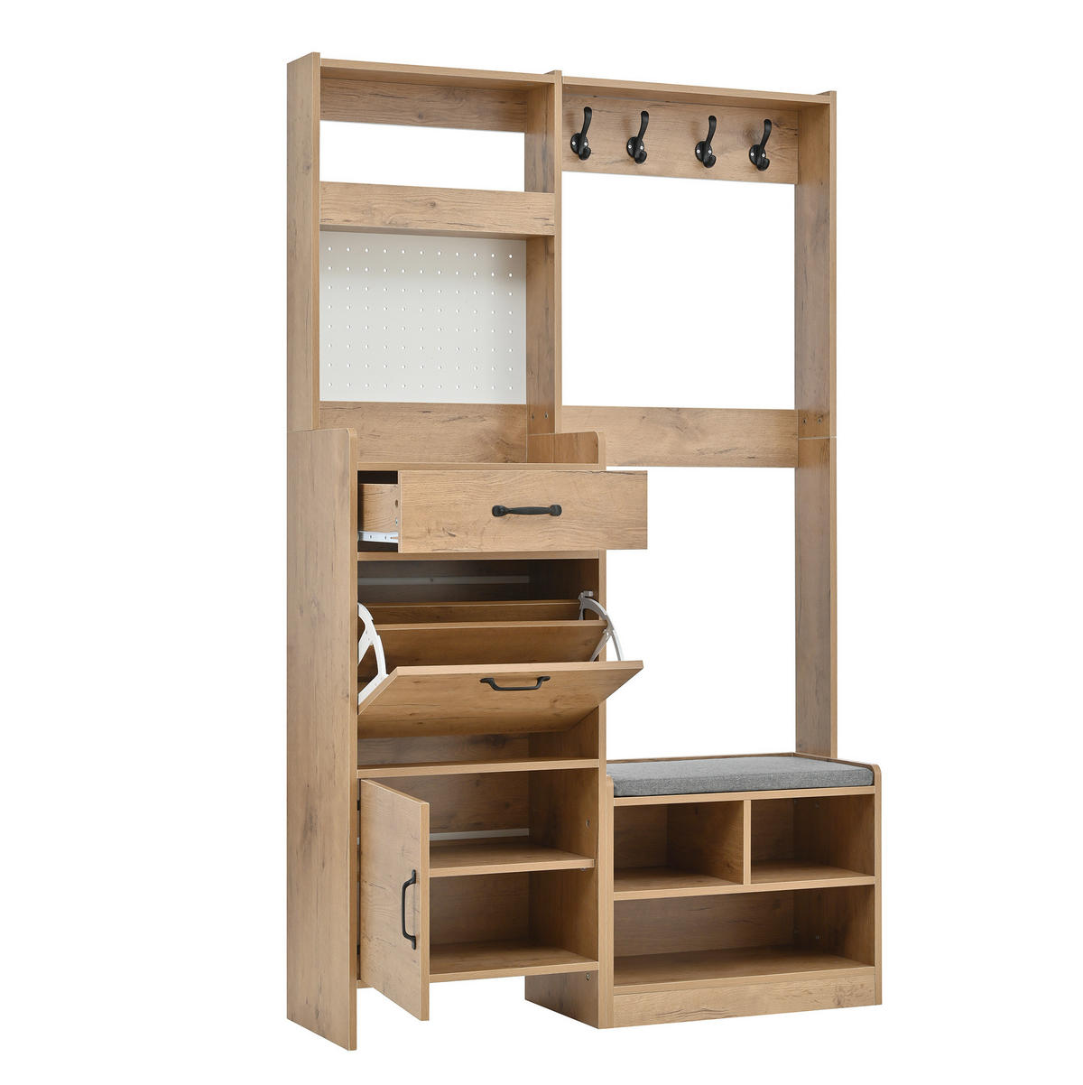 GARDEROBEN-SET mit Sitzbank 108,5 x 35 x 180 cm Natural+White 6-in-1 - Weiß, Holzwerkstoff (35/180/108.5cm) - Beauniv