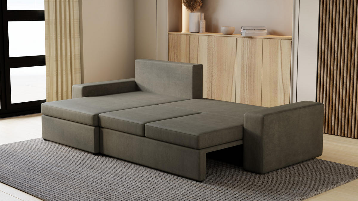 ECKSOFA Paco mit Bettkasten und Schlaffunktion, L-Form/XL-Form, Velourstoff, Universal - Hellgrau, Holzwerkstoff (276/145cm) - 4ALL HOME