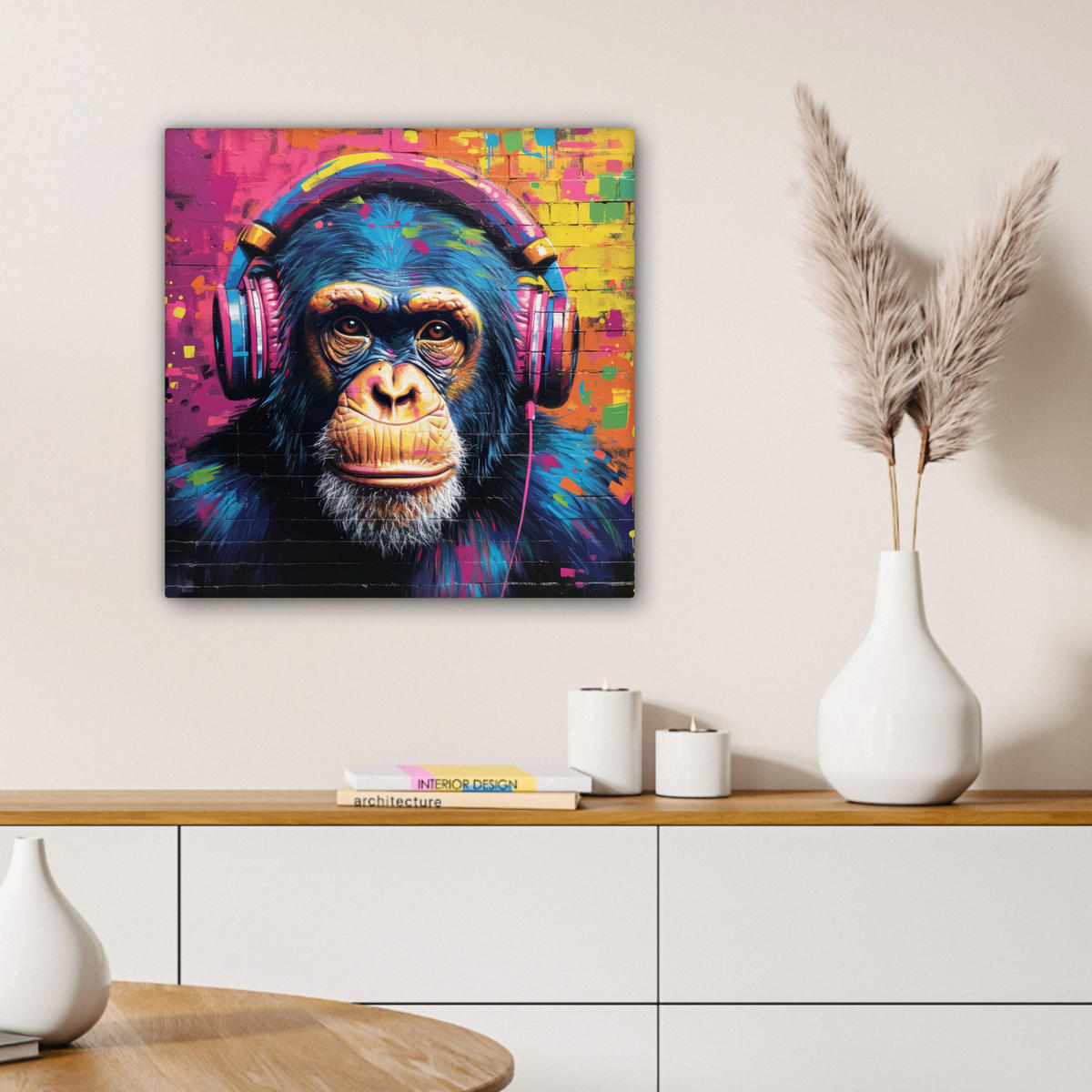LEINWANDBILD Graffiti - Schimpanse - Straßenkunst - Kopfhörer - Affe Wandbild Wohnzimmer 50x50 cm - Blau, Textil (50/50cm) - MuchoWow