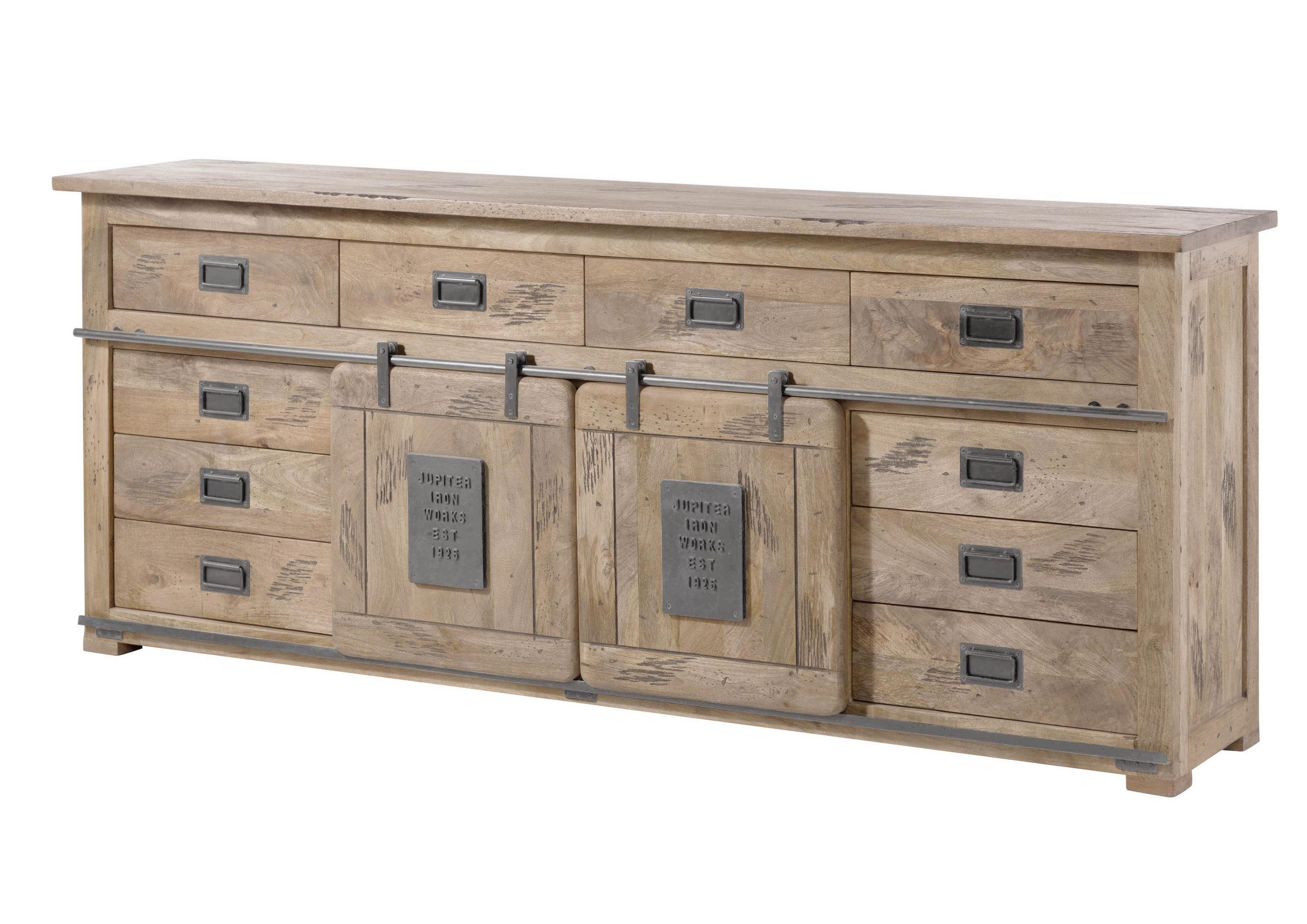 SIDEBOARD Mango 220x45x90 whitewash lackiert RAILWAY #392 - Beige, Holz (220/90/45cm) - Massivmoebel24