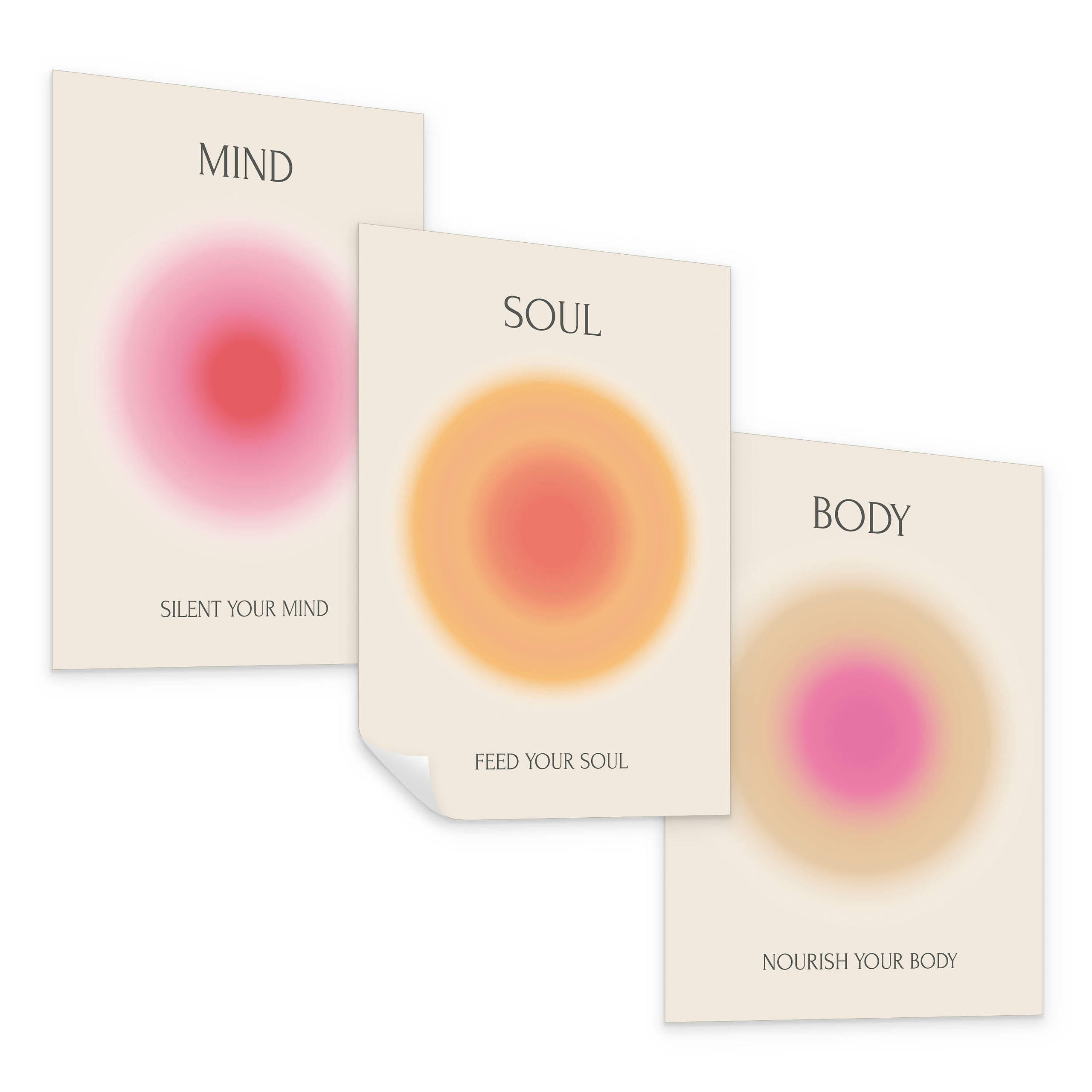 POSTER SET Aura Affirmationen Zitate Geist Seele Körper 3x Poster A4 21x30cm - Rot/Rosa, Papier (21/30/30cm) - Muralo