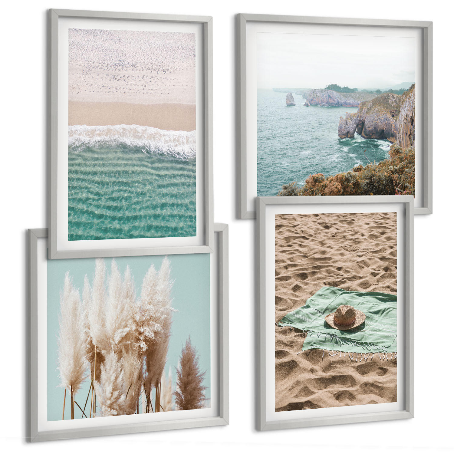 BILDER SET 4er Set - 50x50 cm & 40x60 cm Silberner Rahmen - Strandwellen Grashut - Silberfarben, Kunststoff (50/50cm) - TULUP