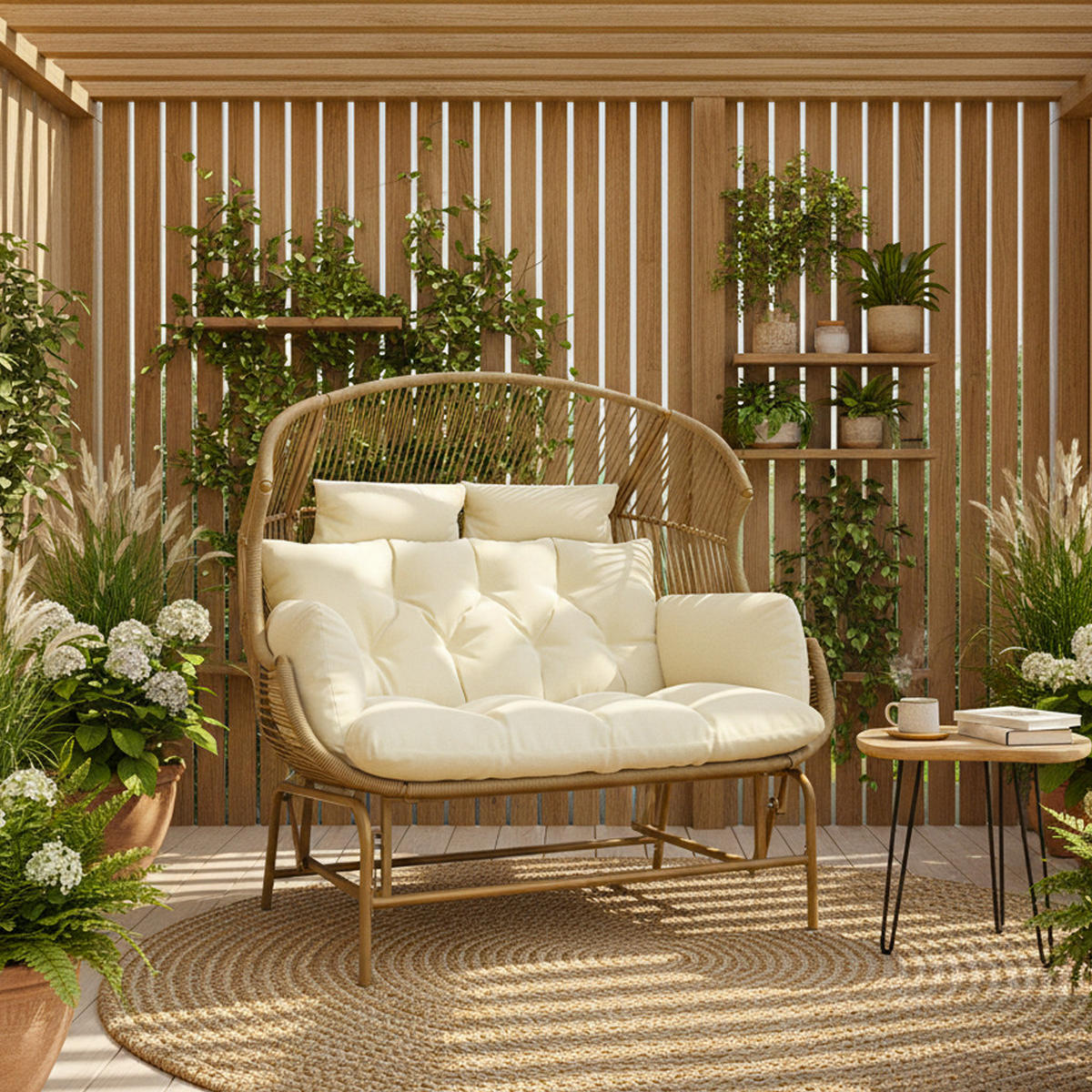 GARTENSCHAUKEL 145 cm Natur PE-Rattan 2-Sitzer Schaukelstuhl mit Kissen & Metallgestell für Balkon und Terrasse - Naturfarben, Metall (145/143/85cm) - Urban Meuble