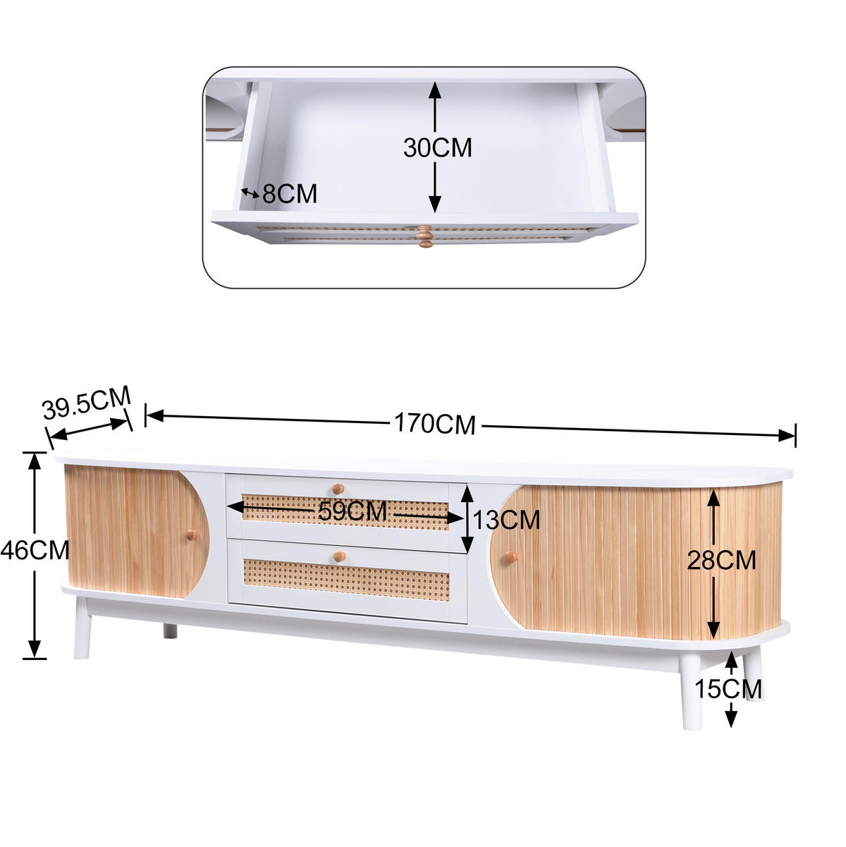 LOWBOARD 170/39,5/46 cm in Weiß mit Rattanoptik und Türen - Weiß, Holzwerkstoff (170/39.5/46cm) - Flora Grace