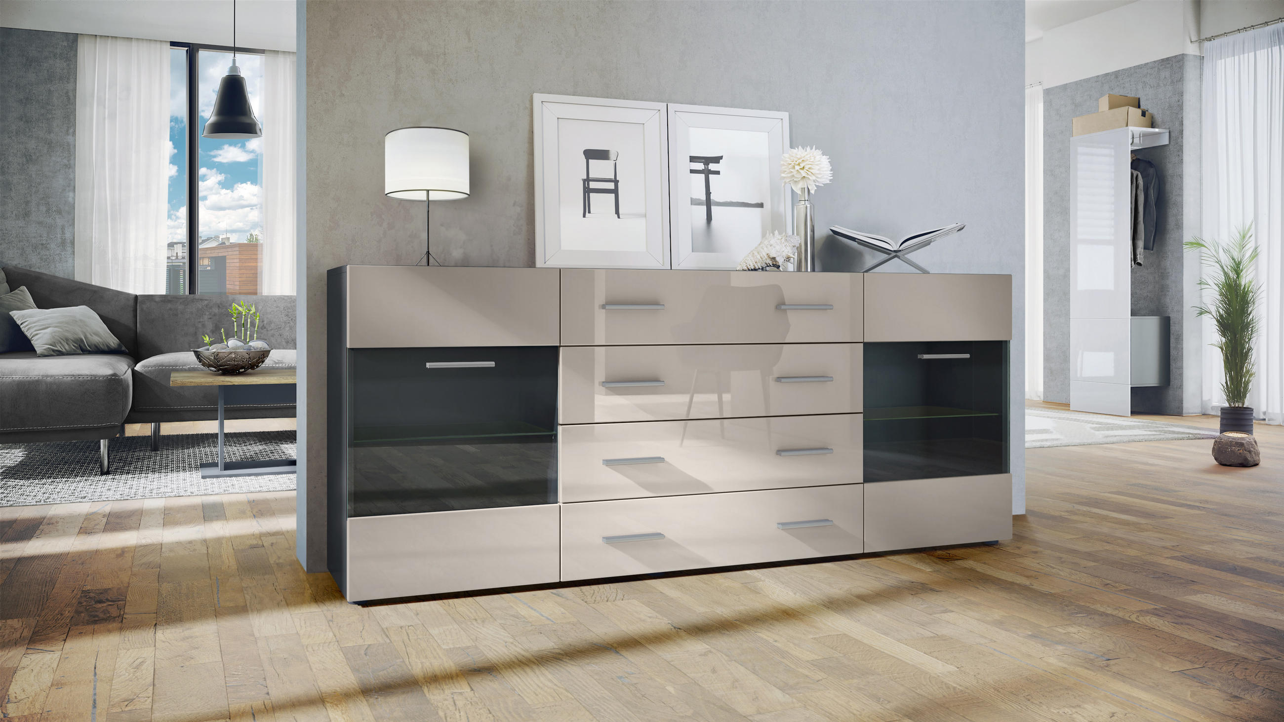 SIDEBOARD Carlos Sandgrau Hochglanz - Sandfarben, Holzwerkstoff (166/72/35cm) - Vladon