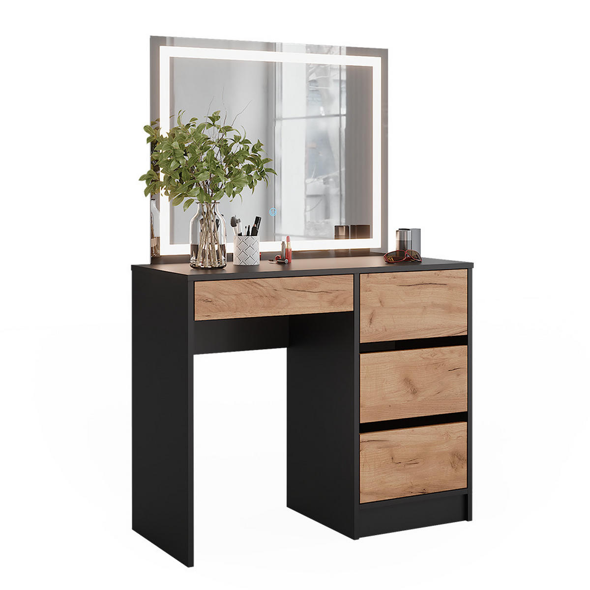 SCHMINKTISCH Sherry Anthrazit/Goldkraft Eiche 90 x 75 cm mit LED-Spiegel - Honigeiche/Anthrazit, Holzwerkstoff (90/75/40cm) - Vicco