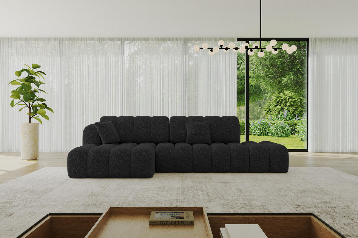 ECKSOFA mit Schlaffunktion Ottomane Links OLEA-L2 321x164x75 Schwarz Tissu - Schwarz Hochglanz/Schwarz, Holzwerkstoff/Kunststoff (321/164cm) - ALTDECOR