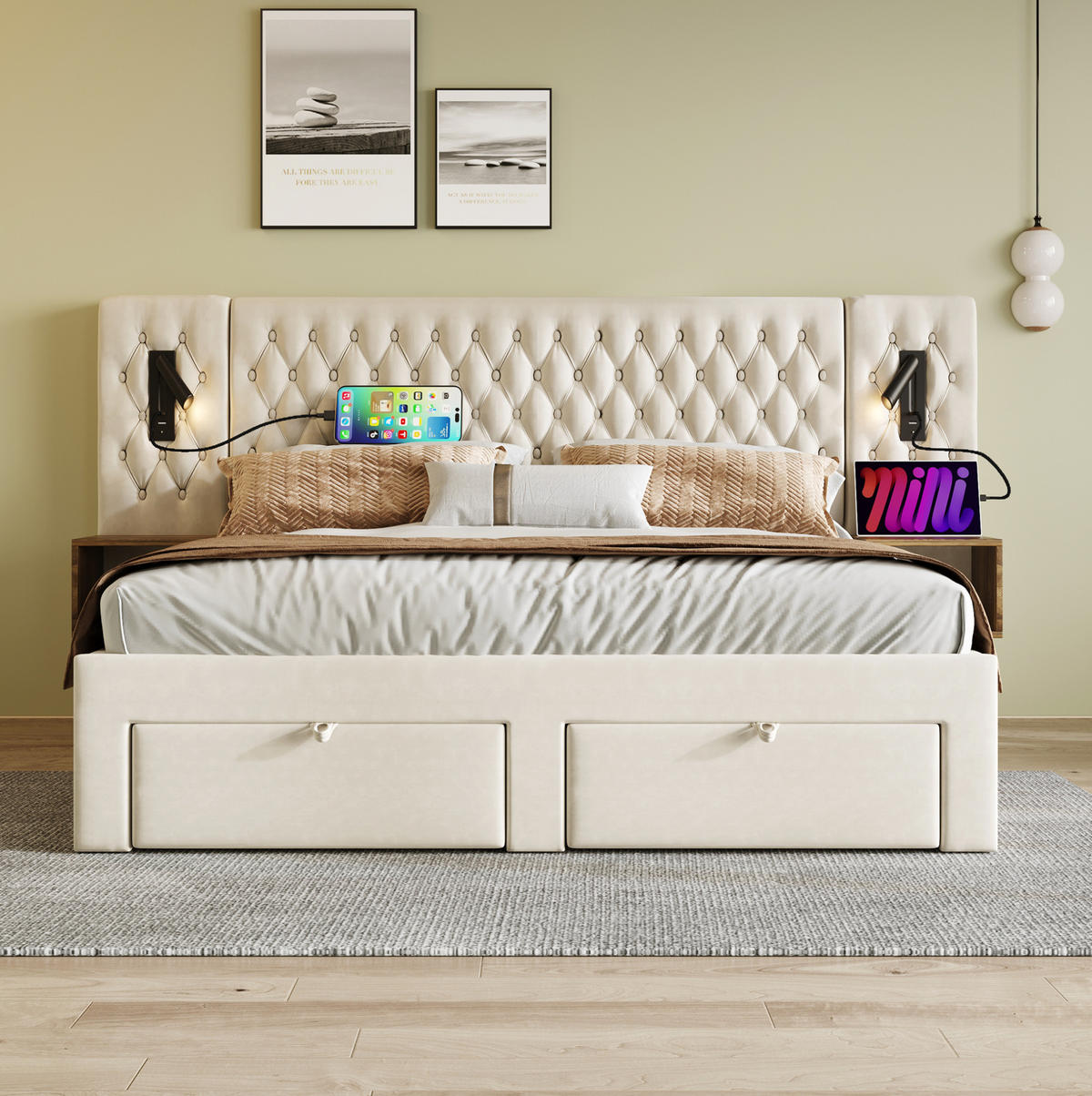 BETTANLAGE mit 2 Nachttischen und 4 Schubladen 160x200 cm Samt Beige - Beige, Metall (160/200cm) - Meubliv