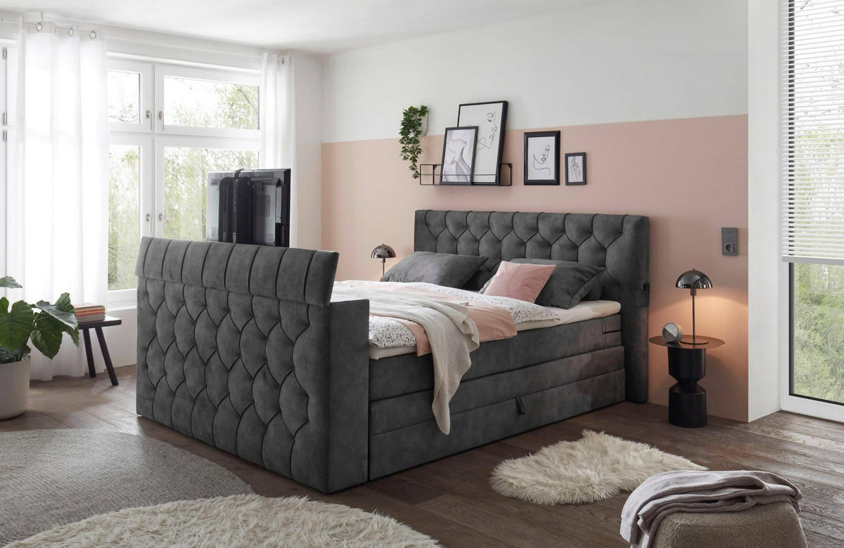 BOXSPRINGBETT 180x200 – motorisierte TV‑Halterung, HR-Lux-Topper, Duo‑Wendematratze H3/H4 - Anthrazit, Textil (180/200cm) - ed exciting design