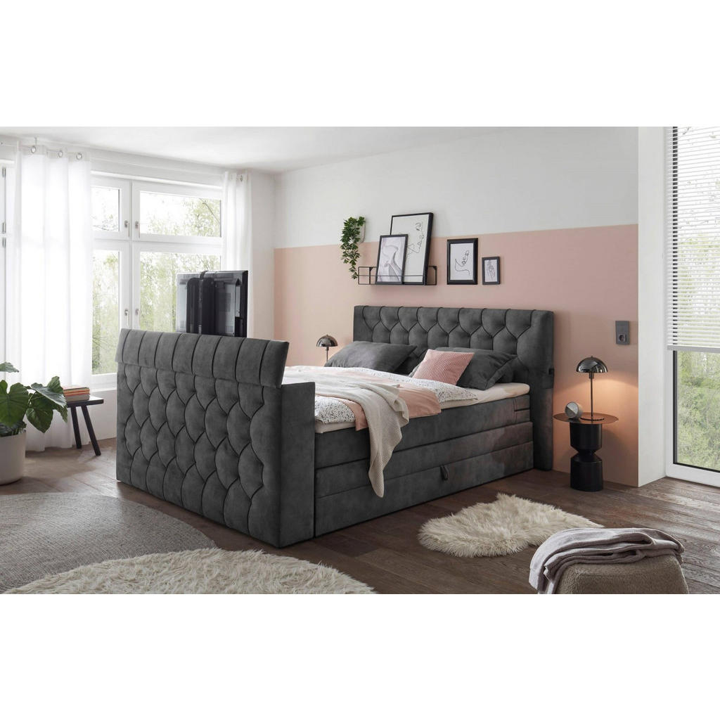 Thumbnail - ed exciting design Boxspringbett, Anthrazit, Textil, Uni, 7-Zonen, Höhe ca. 17 cm, Füllung: Taschenfederkern, Rechteckig...