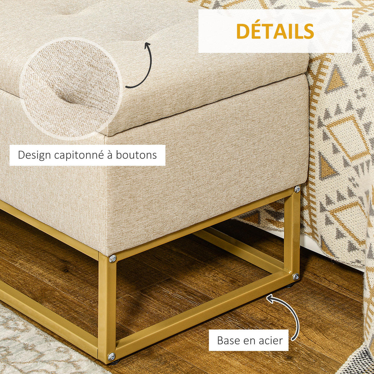 TRUHENBANK DE-16372 gepolstert mit Knopfheftung und Gold-Stahlbeinen Beige/Gold - Beige, Textil (110/48/44cm) - ComfortXL