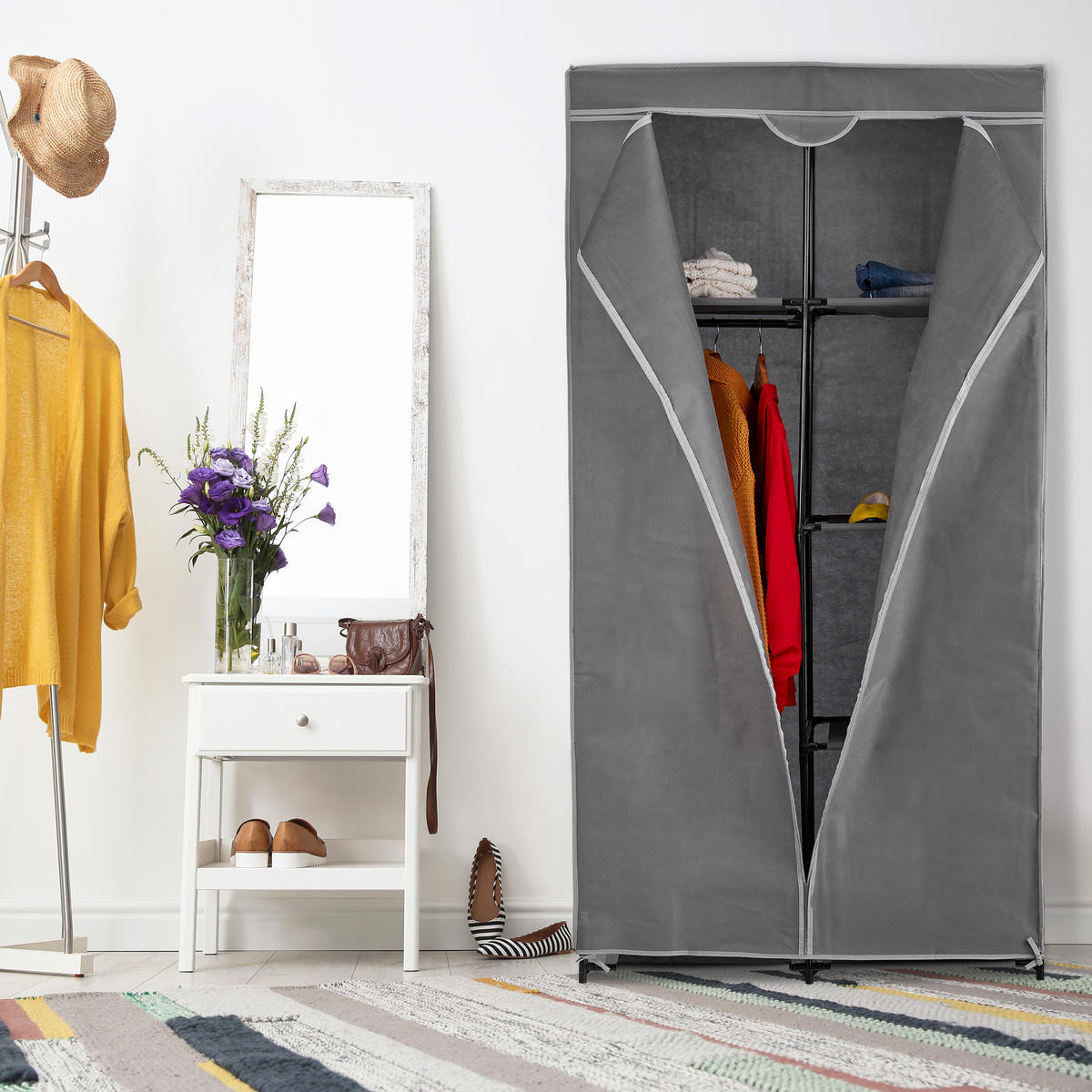 STOFFSCHRANK - Grau, Kunststoff/Textil (90/170/45cm) - Relaxdays