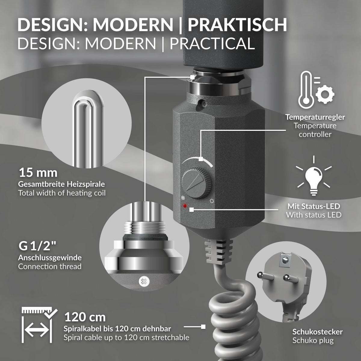 BADHEIZKÖRPER elektrisch Sahara 600x1200 mm Anthrazit gerade mit Heizstab 900W - Anthrazit, Metall (3/120/60cm) - LuxeBath