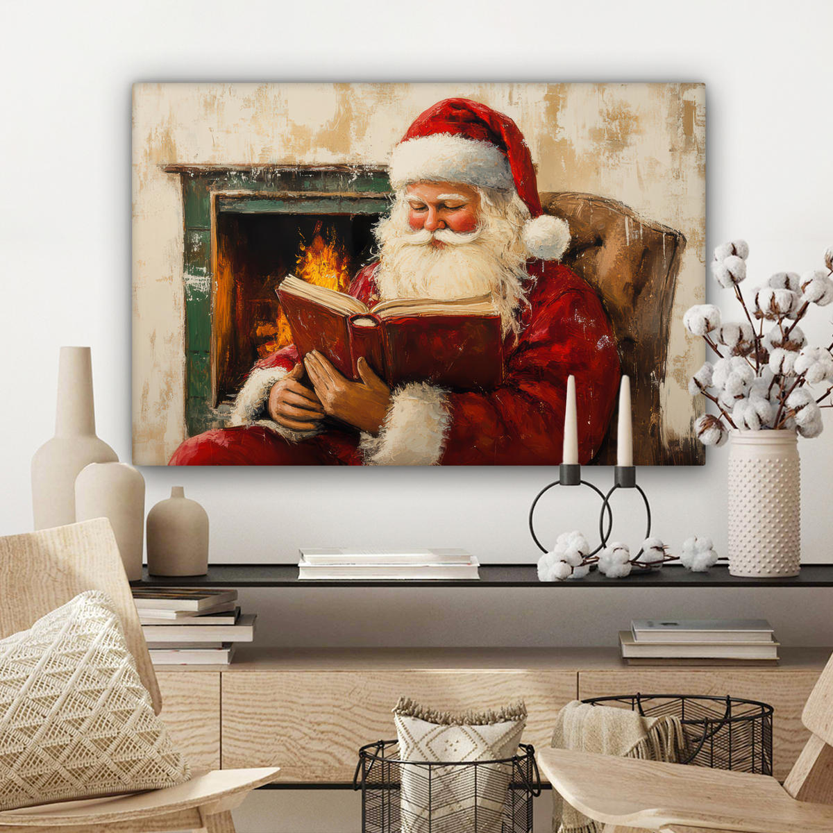 LEINWANDBILD Weihnachten - Weihnachtsmann - Winter - Open Fireside Wanddeko 90x60 cm - Dunkelrot, Textil (90/60cm) - MuchoWow