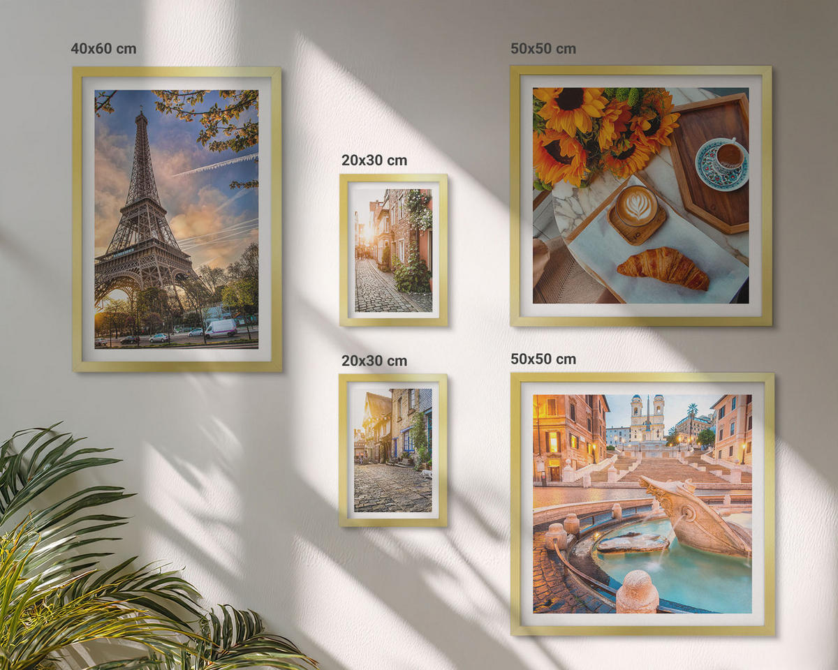 WANDBILDER 5er Set - 50x50 cm & 20x30 cm & 40x60 cm Goldrahmen - Charmante Straßen mit Kaffee - Goldfarben, Kunststoff (40/60cm) - ArtPrintCave
