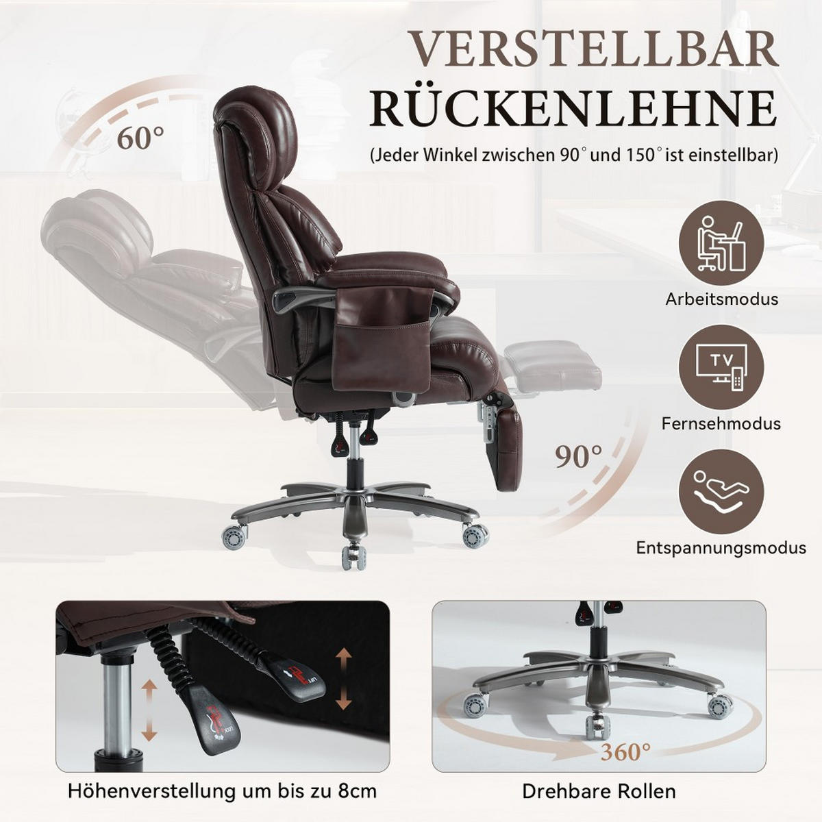 CHEFSESSEL mit Massage-Heizung Braun - Braun, Naturmaterialien (76.5/121.5/85.5cm)