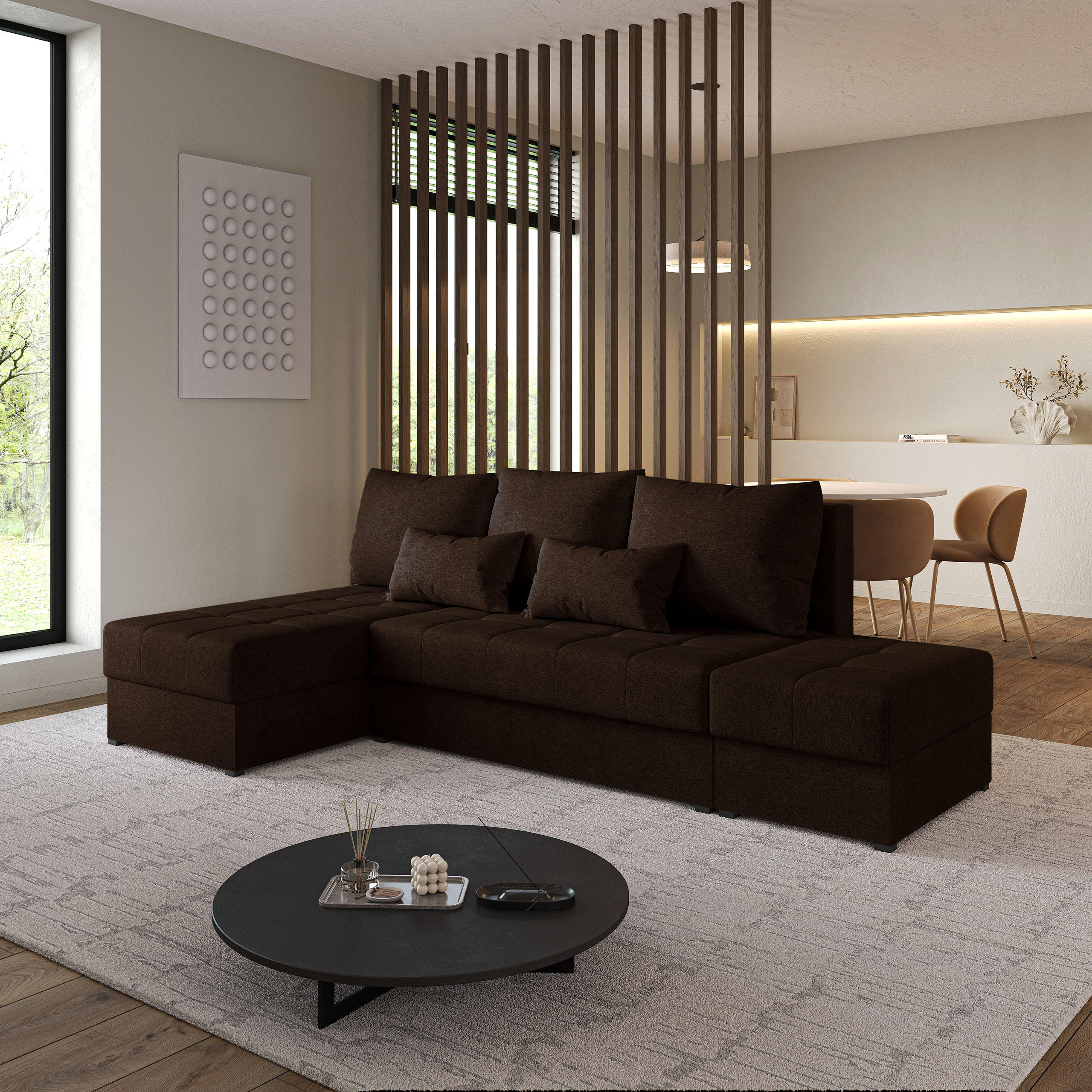 ECKSOFA NORVI Braun Geflochtener Stoff mit Schlaffunktion - Braun, Holz (251/143cm) - MASSENO