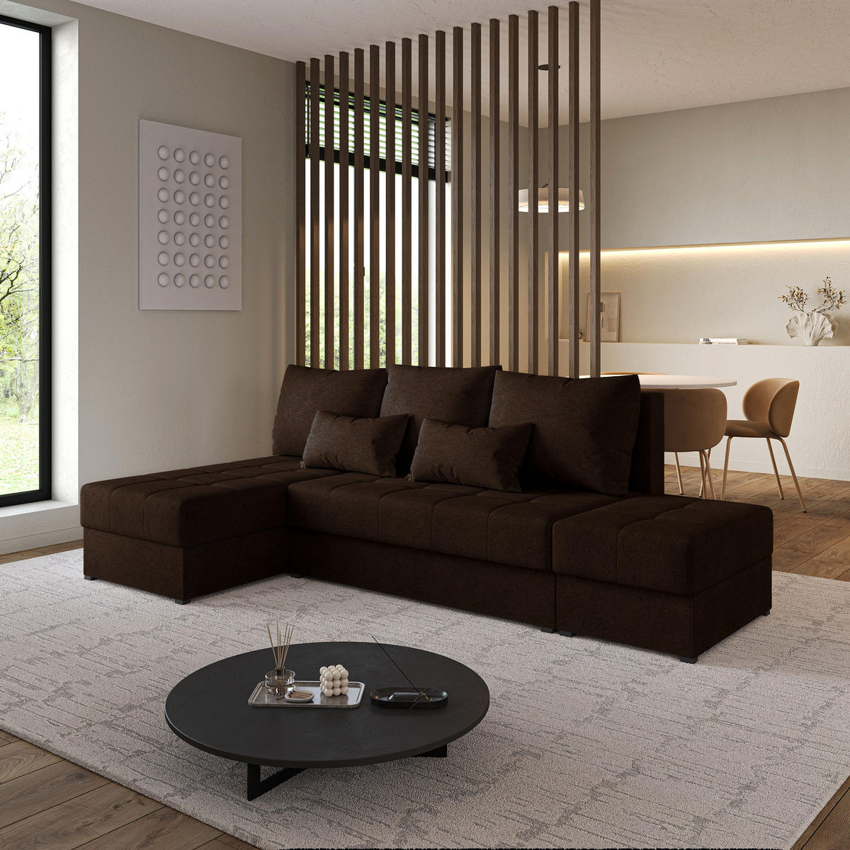 ECKSOFA NORVI Braun Geflochtener Stoff mit Schlaffunktion - Braun, Holz (251/143cm) - MASSENO