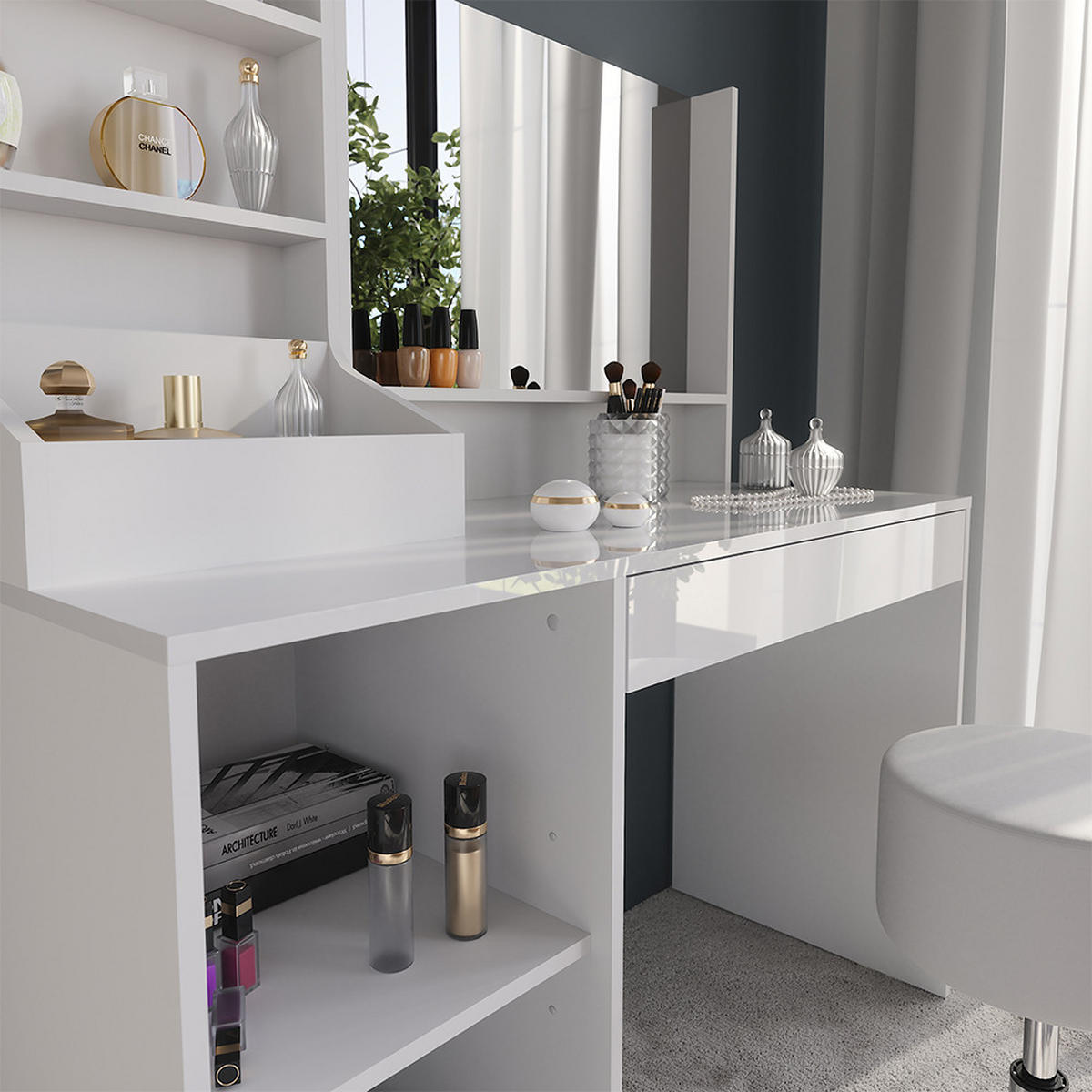 SCHMINKTISCH Sherry Weiß/Weiß Hochglanz 119.8 cm 4 Teile - Weiß Hochglanz, Holzwerkstoff (119.8/76/50.1cm) - Vicco