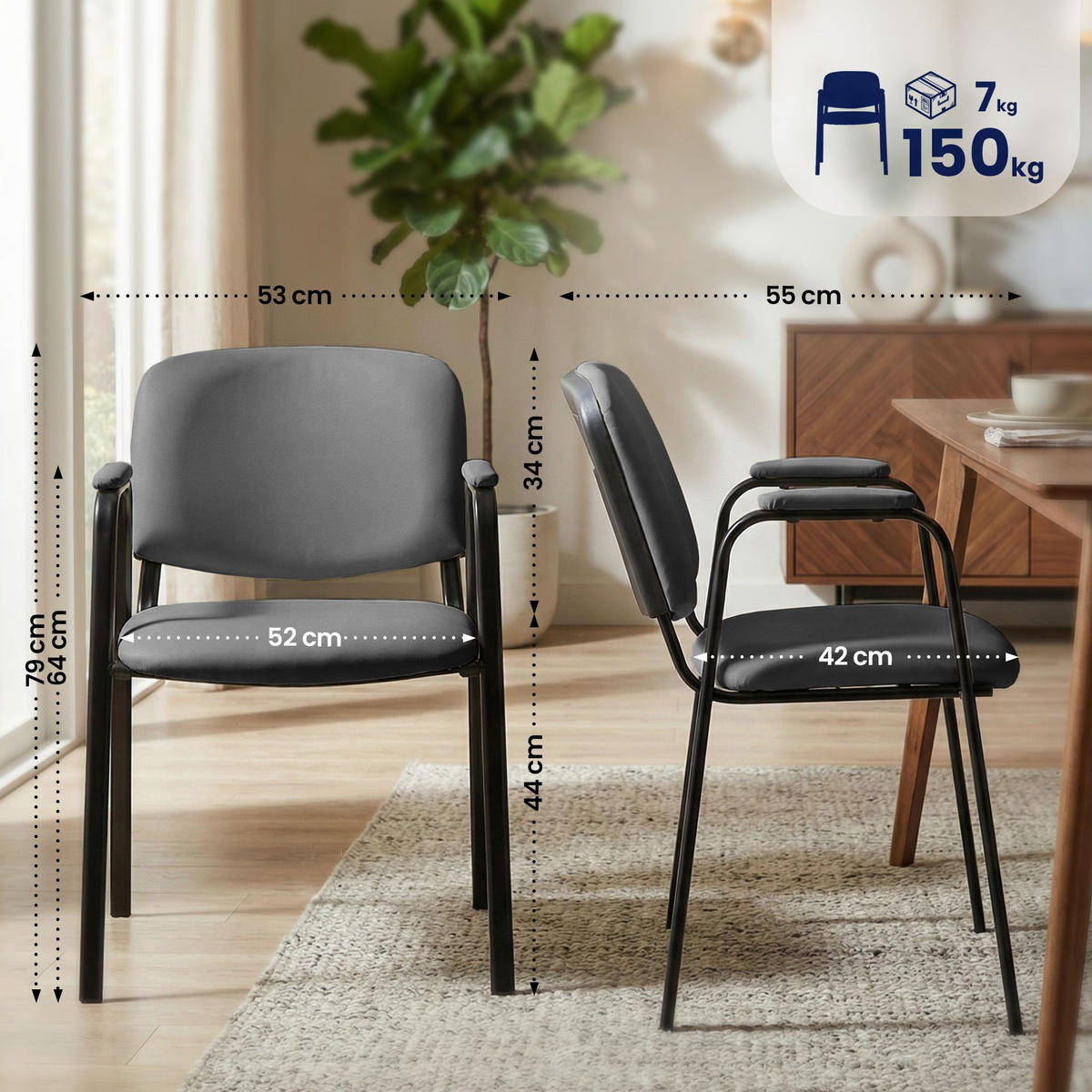 BESUCHERSTUHL 4er Set Lederlook Grau - Grau, Textil/Metall (53/79/55cm) - CLP