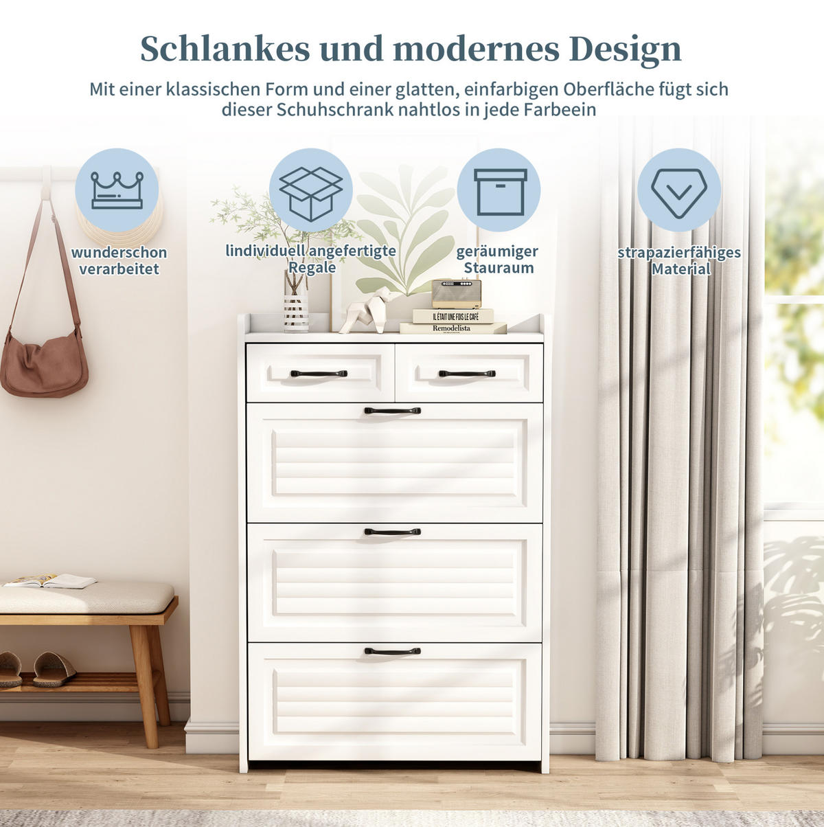 SCHUHSCHRANK 23,5/80/131 cm weiß aus Spanplatte mit 3 Klappen - Weiß, Holzwerkstoff (80/131/23.5cm) - OKWISH