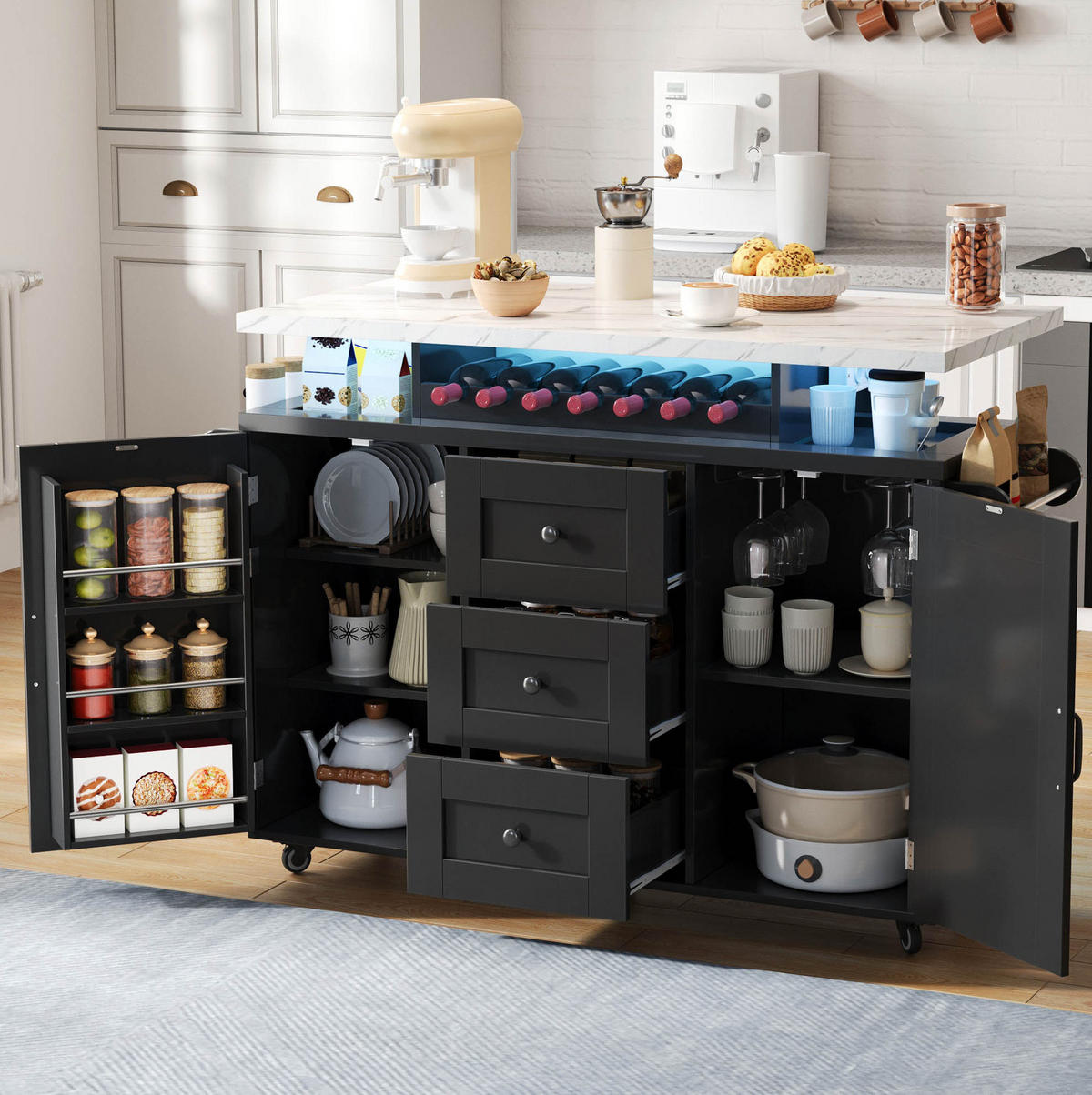 KÜCHENINSEL mit klappbarer Arbeitsplatte 138 x 60 x 93 cm MDF Schwarz - Schwarz, Holz (60/93/138cm) - Beauniv